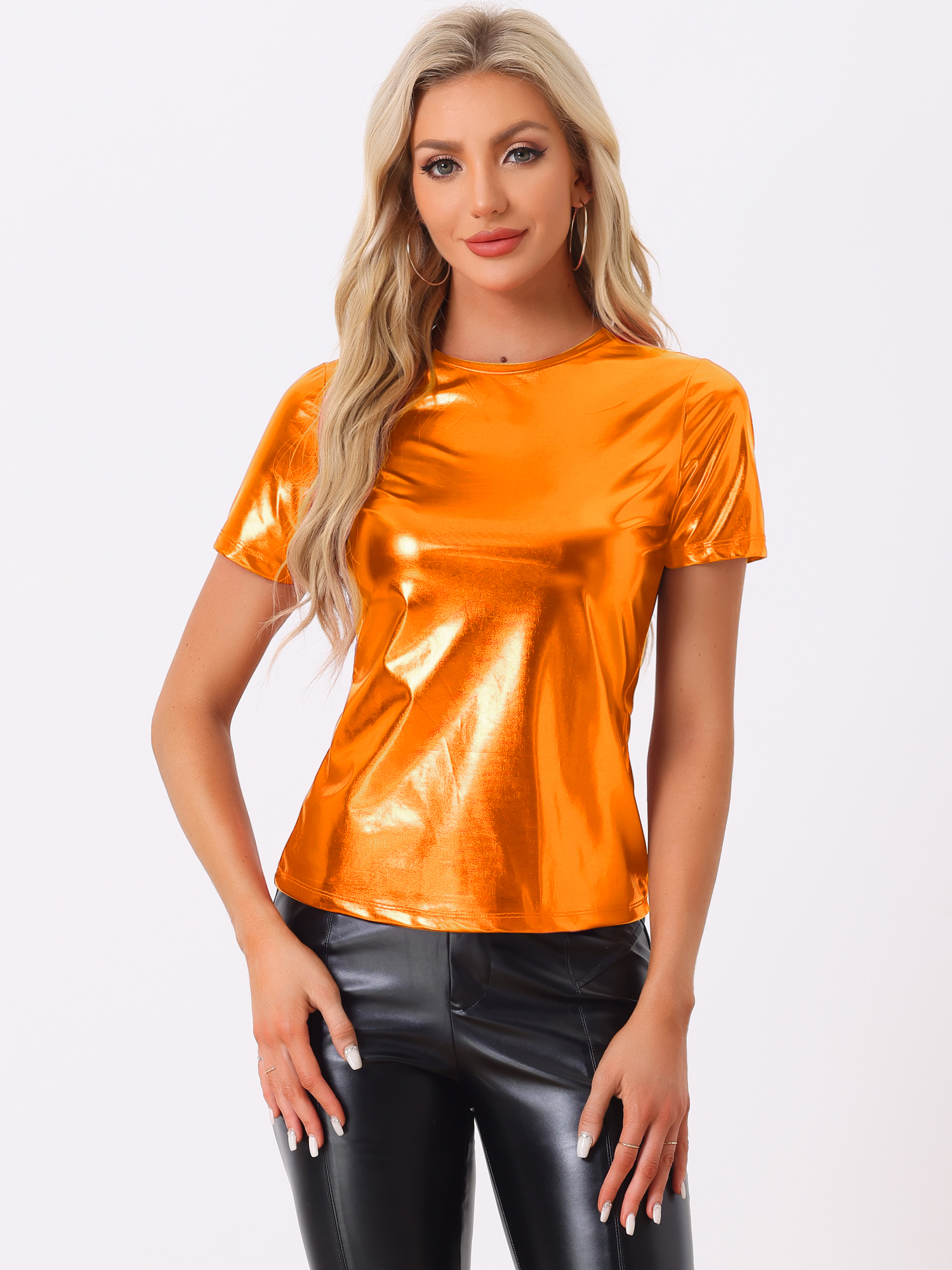 Party Metallic Textured Short Sleeve Shiny Multicolor Top Orange/M