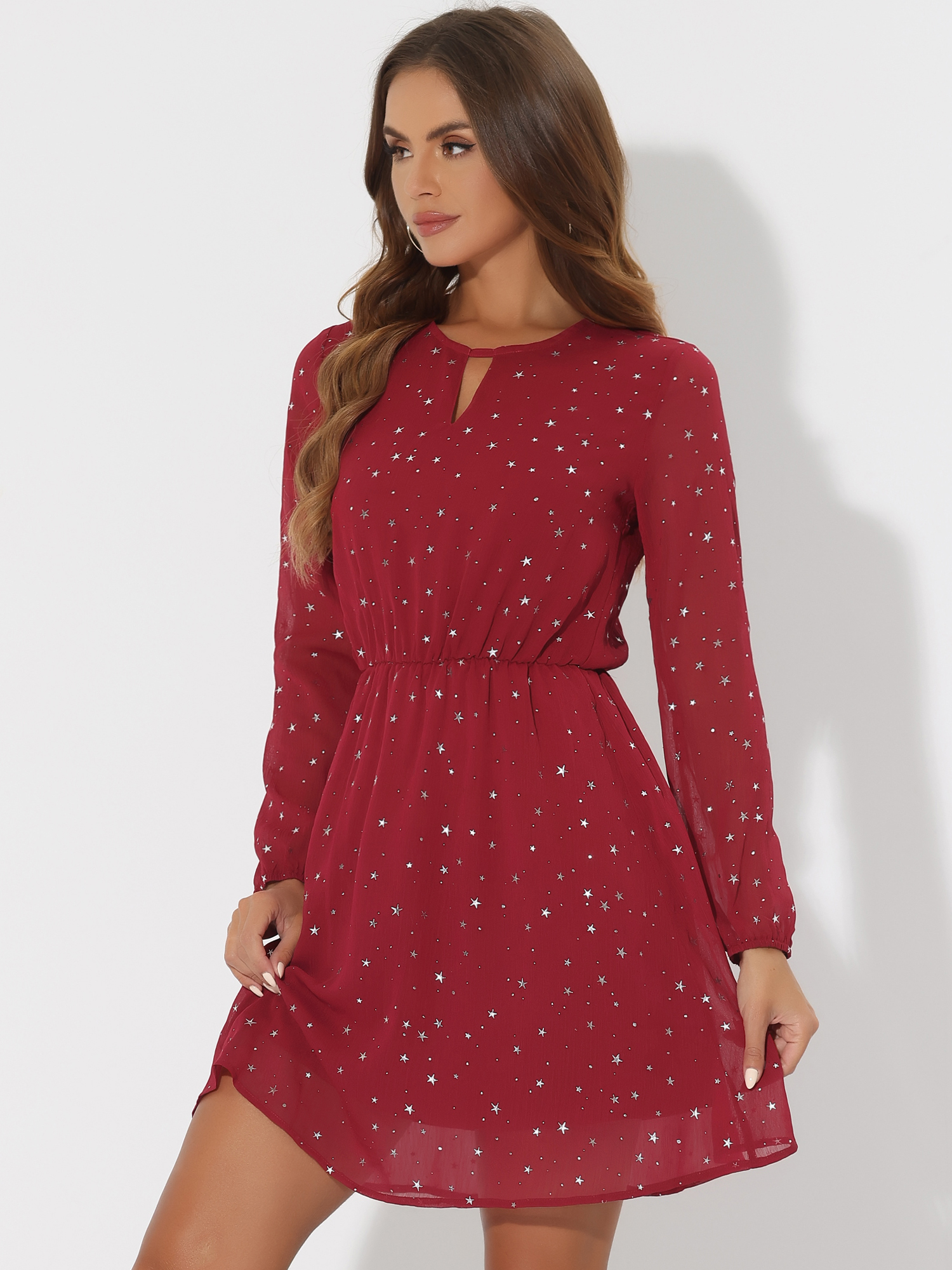 Choker V Neck Flared Gilding Metallic Shiny Star A-Line Dress Dark Red-Stars/L
