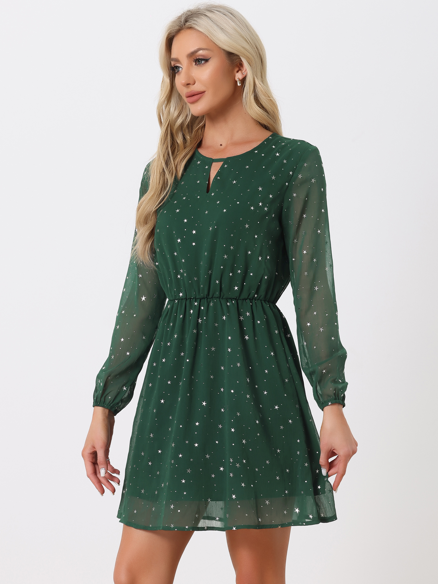 Choker V Neck Flared Gilding Metallic Shiny Star A-Line Dress Dark Green-Stars/XS