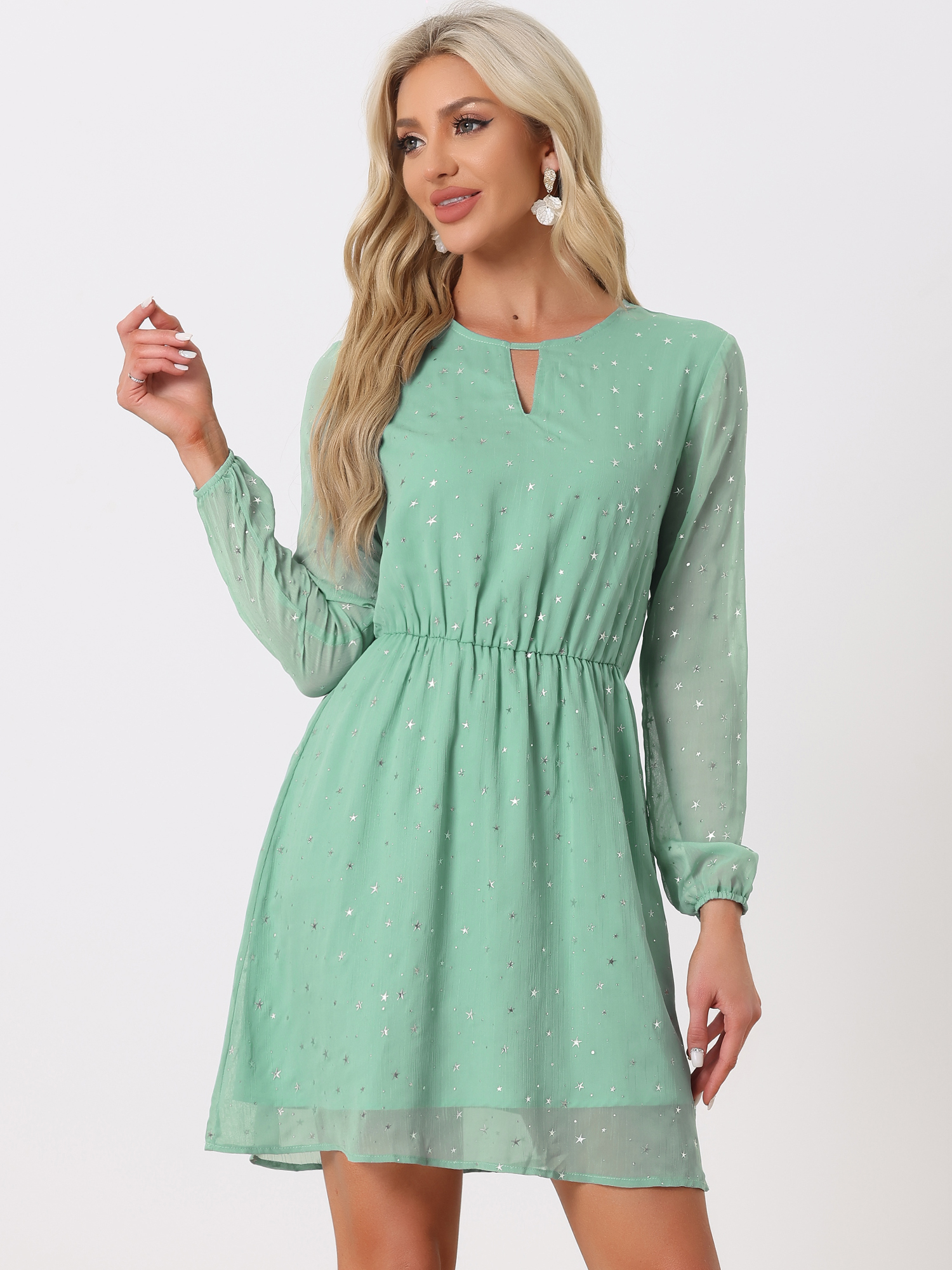 Choker V Neck Flared Gilding Metallic Shiny Star A-Line Dress Pea Green-Stars/S