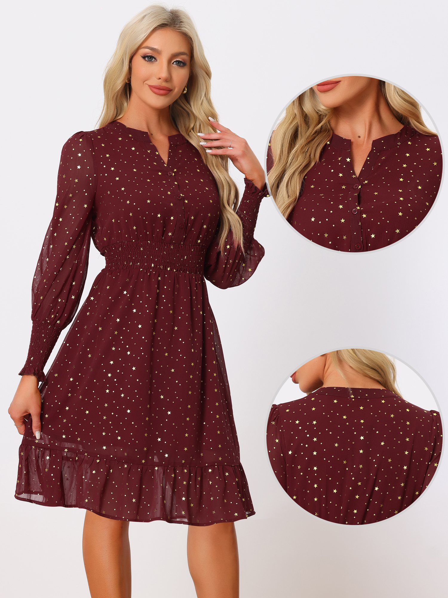 Metallic Star V Neck Button Up Smocked Chiffon Dress Burgundy-Star/M