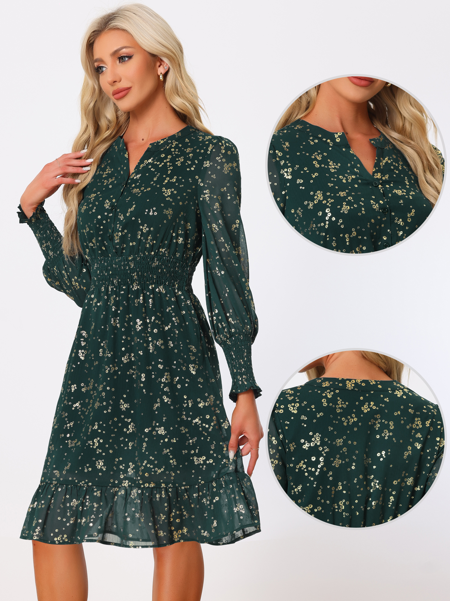 Metallic Star V Neck Button Up Smocked Chiffon Dress Dark Green-Floral/S