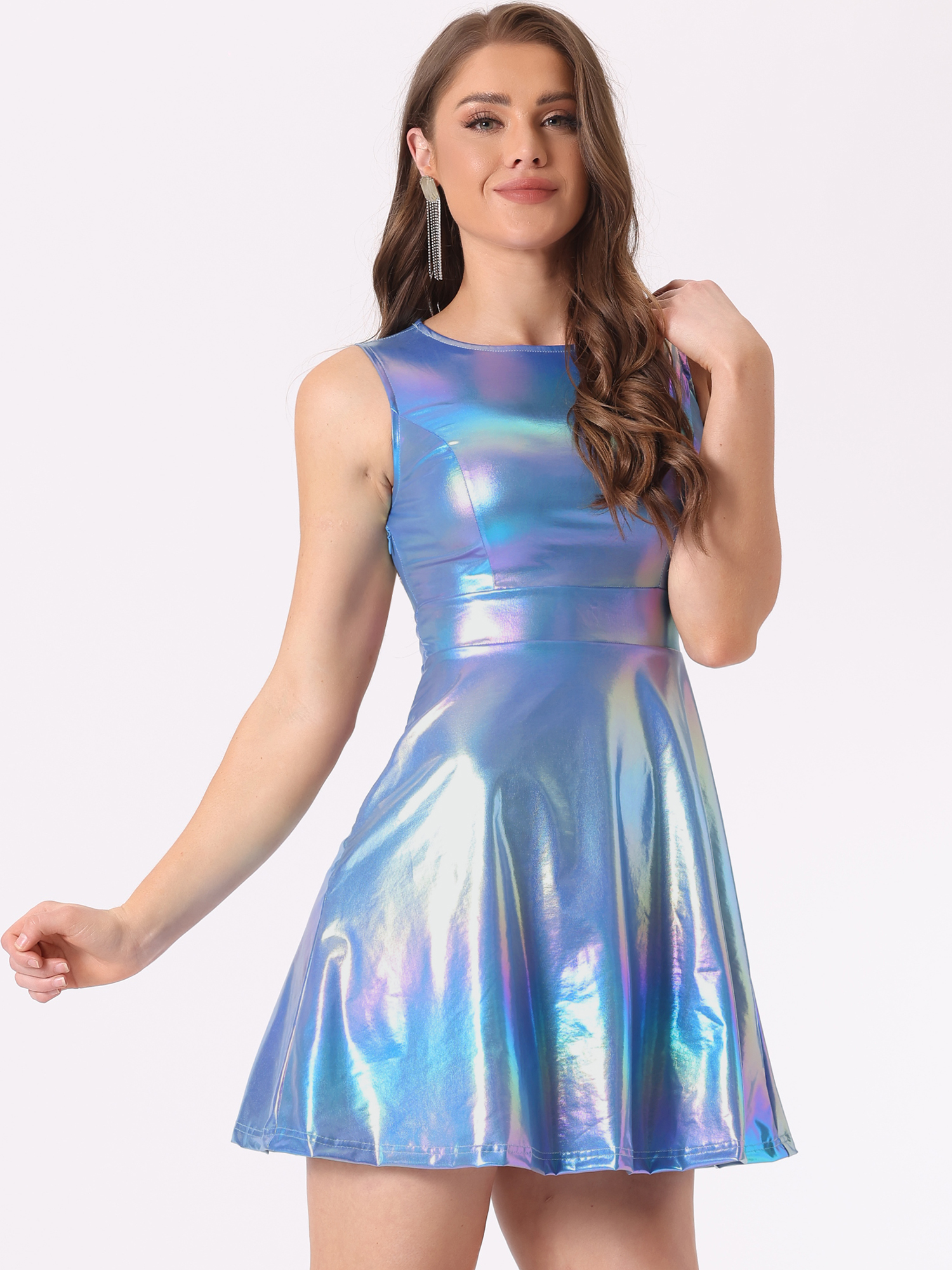 Sleeveless Metallic A-Line Club Party Holographic Mini Dress Holographic Blue/XL