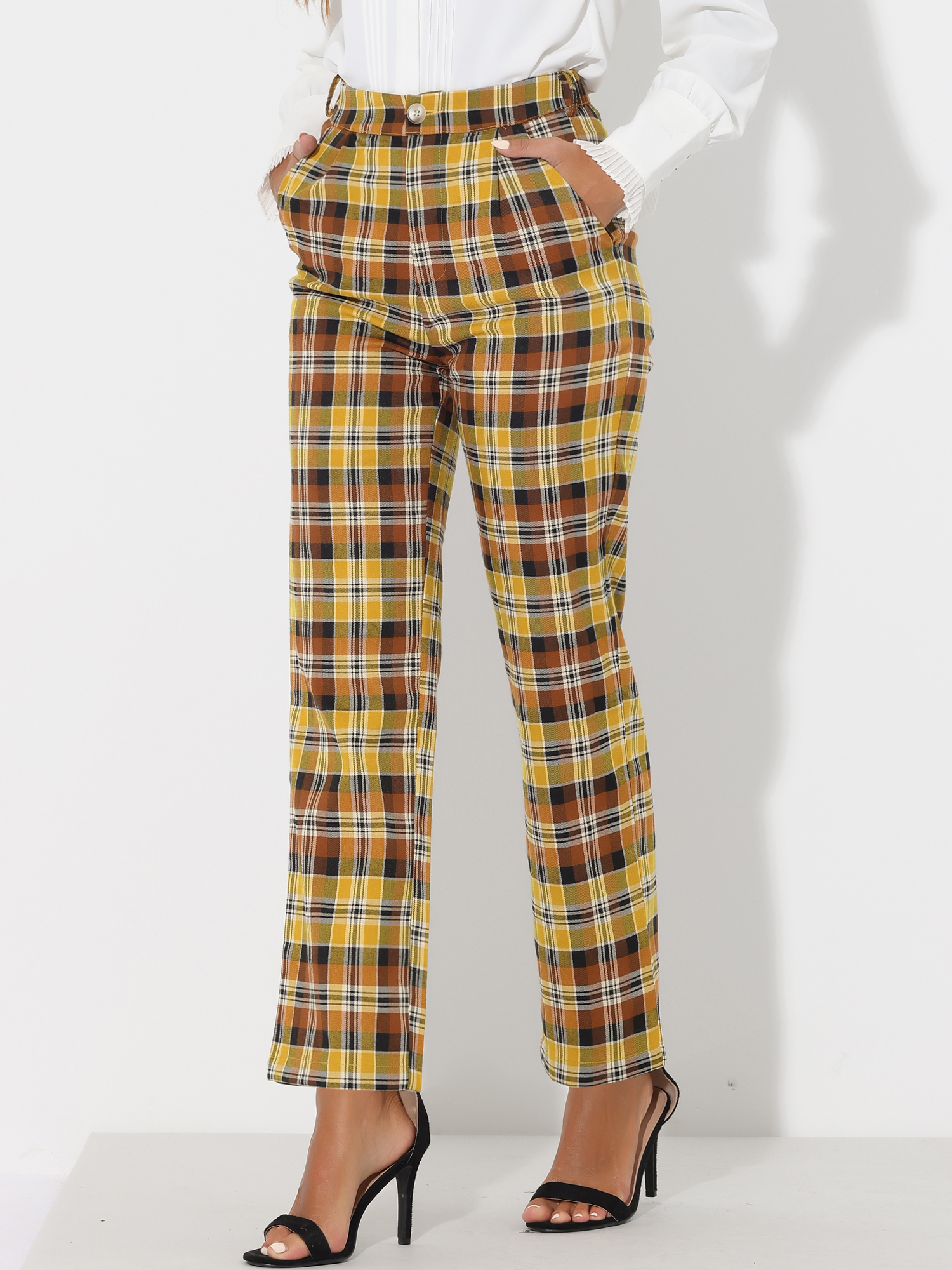 Plaid Elastic Waist Casual Work Office Long Pants Yellow/S