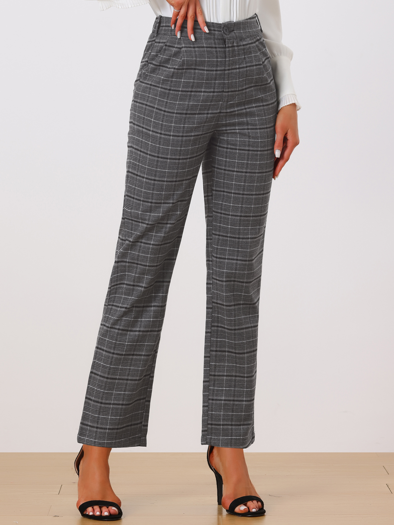 Plaid Elastic Waist Casual Work Office Long Pants Dark Grey Black/S