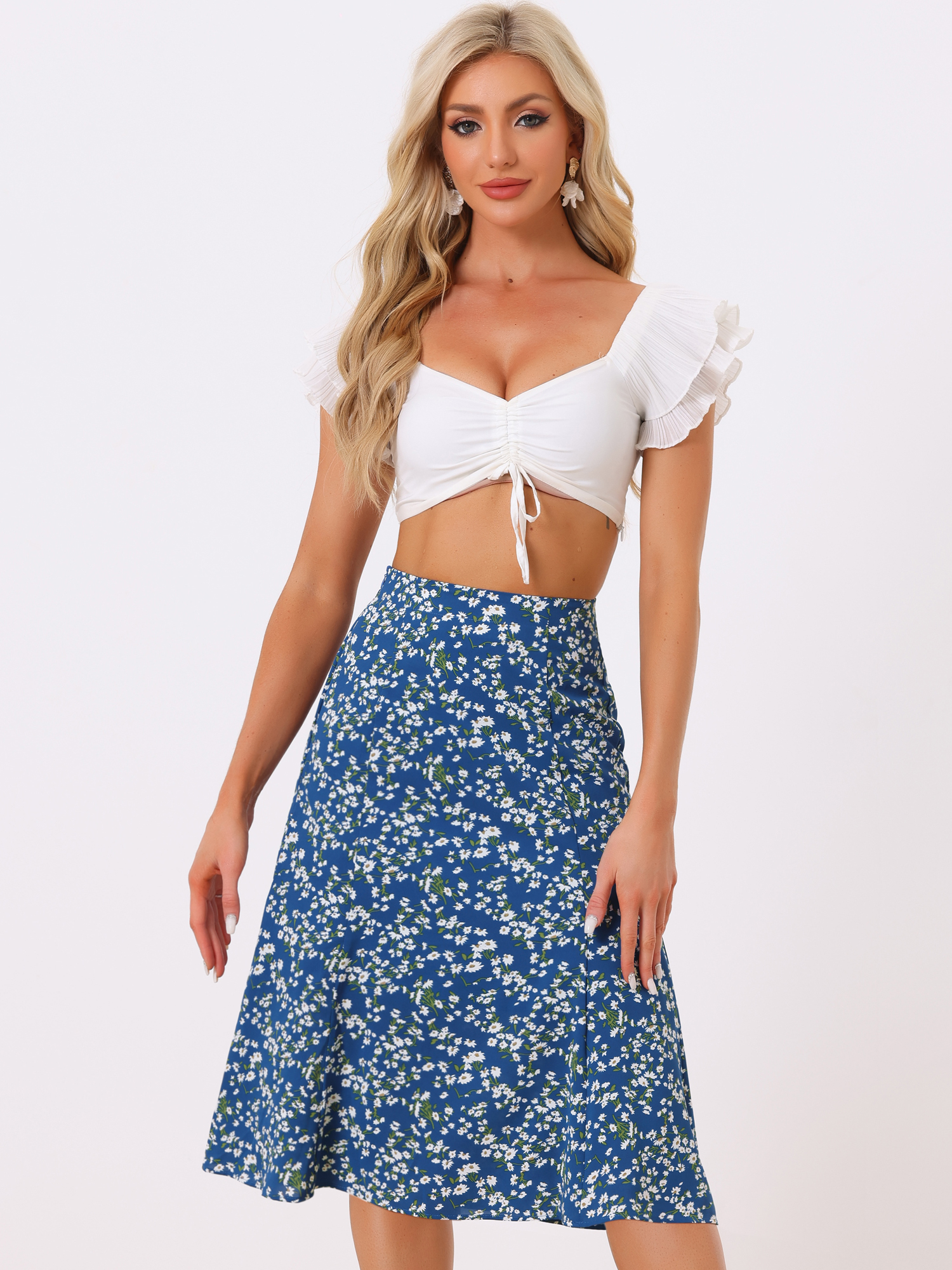 Floral Peasant Elastic Waist A-Line Ditsy Leave Midi Skirt Blue/XS