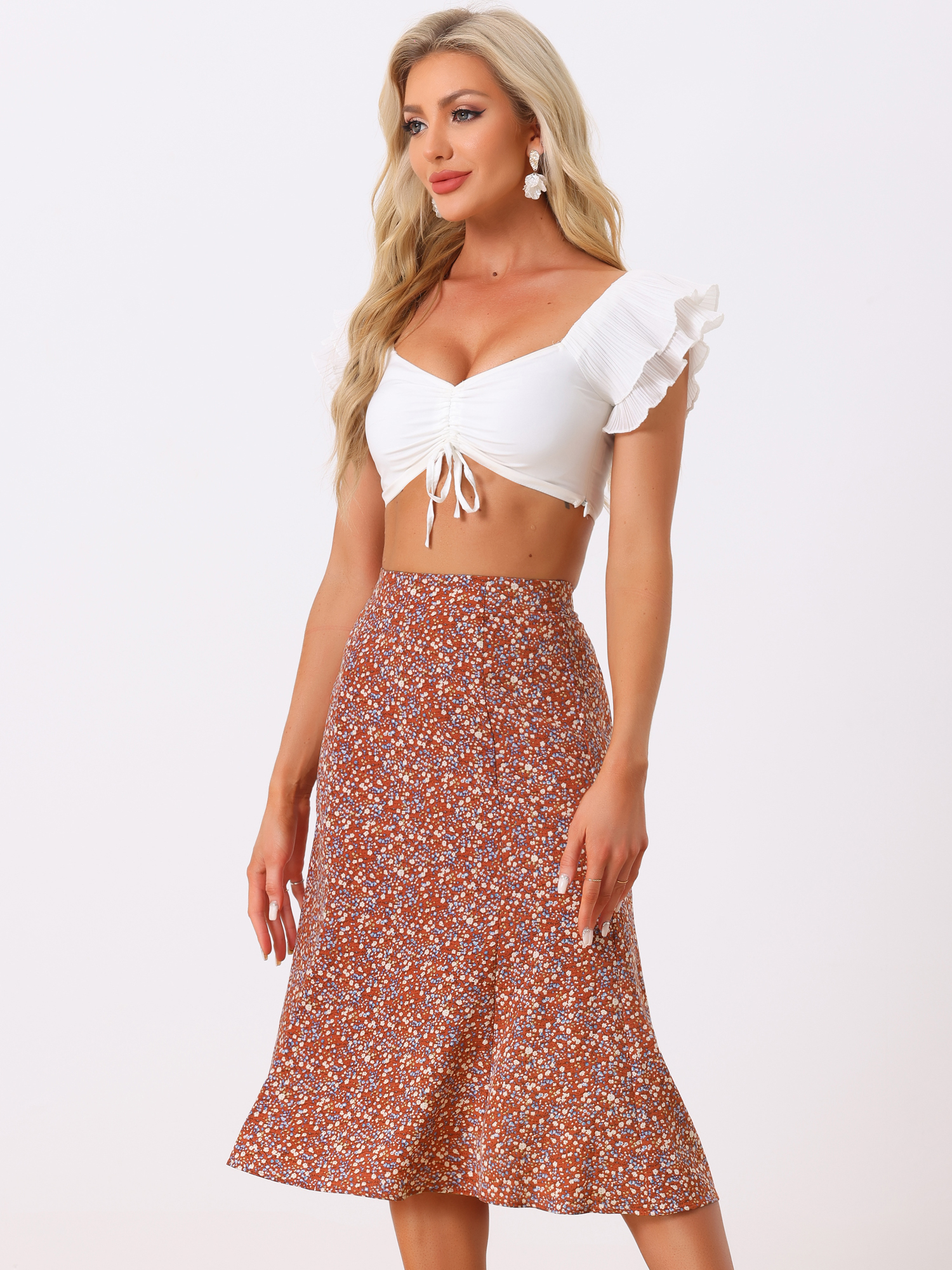 Floral Midi Peasant Elastic Waist A-Line Skirt Red/S