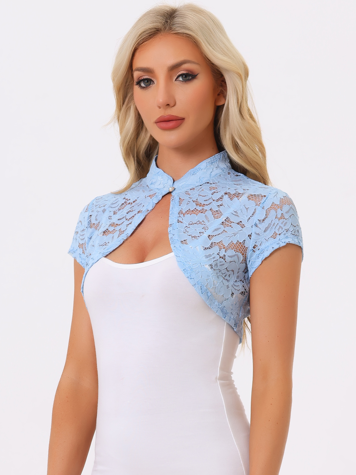 Lace Cardigan Stand Collar Short Elegant Shrug Blue/S