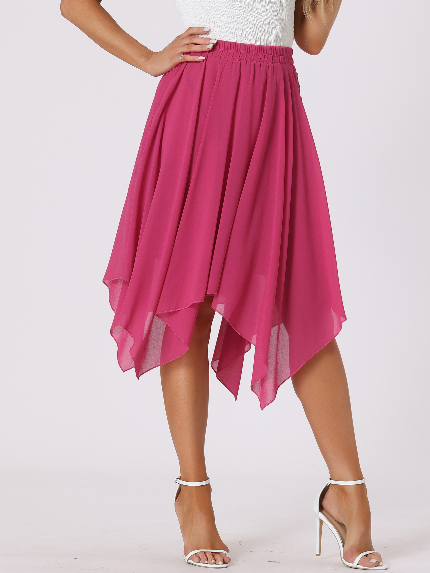 Elastic Waist Chiffon Handkerchief Hem Midi Skirt Rose Red/M