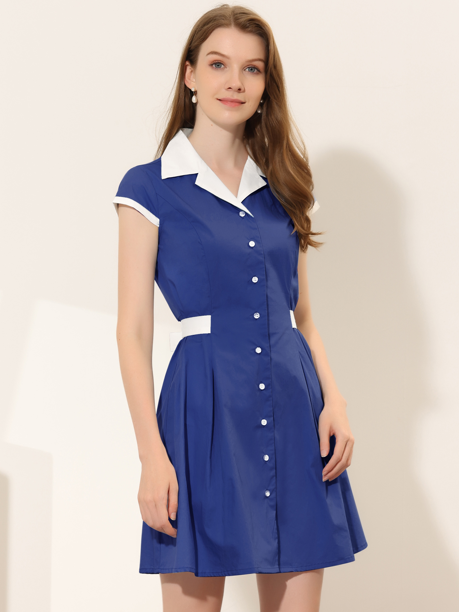 Retro Button Down Flat Collar Belted Office Mini Shirt Dress Royal Blue/S