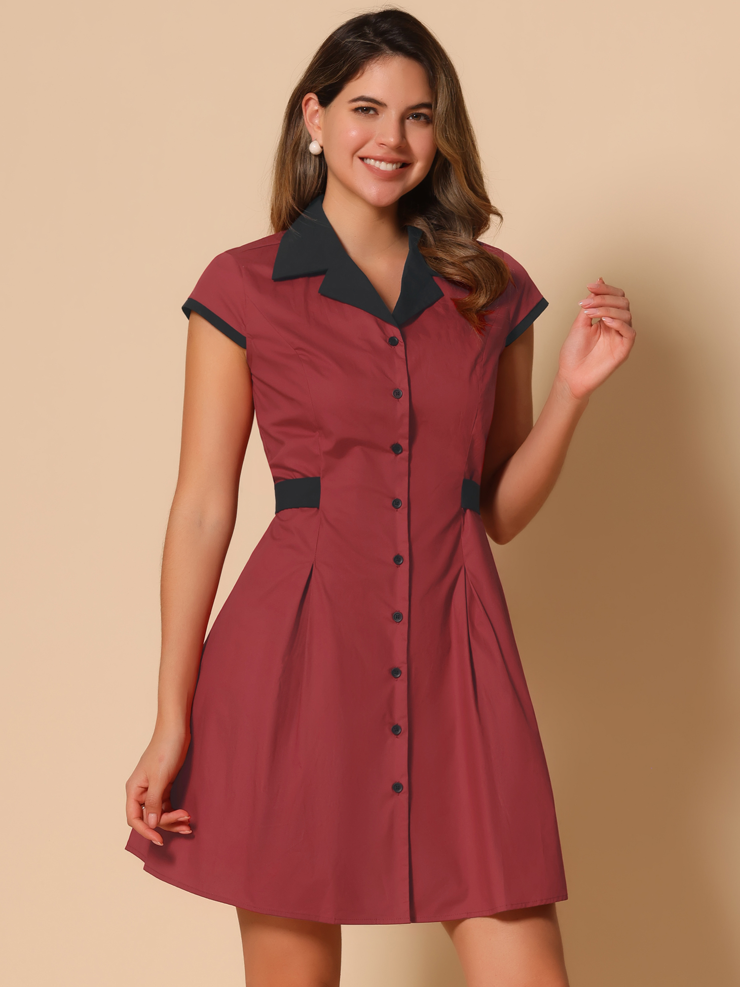 Retro Button Down Flat Collar Belted Office Mini Shirt Dress Brick Red/L
