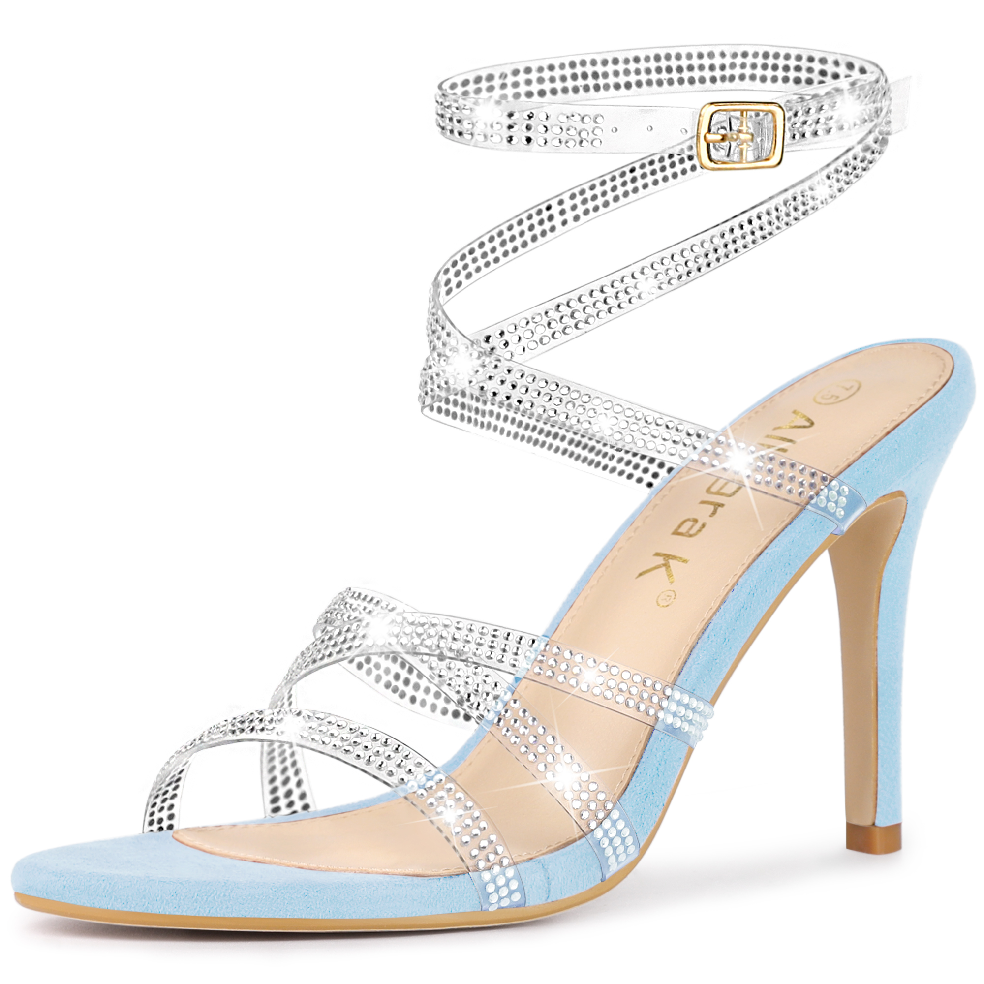 Women's Rhinestone Strappy Ankle Strap Stiletto Heels Sandals Sky Blue/7