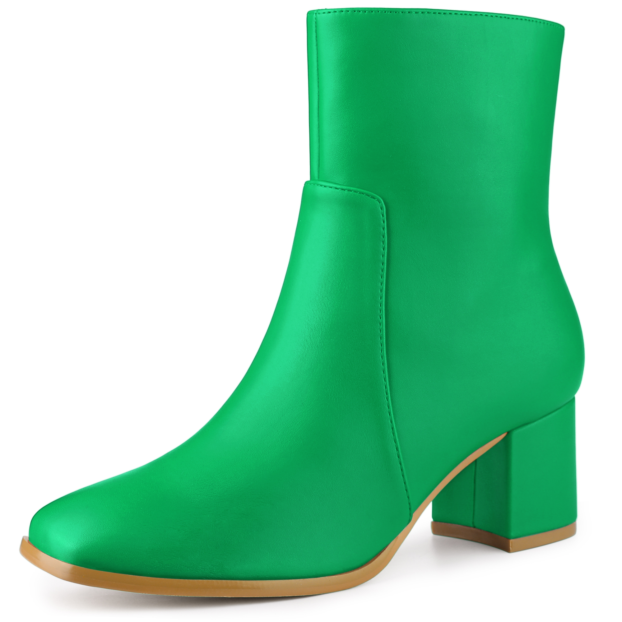 Faux Leather Square Toe Side Zip Block Heel Ankle Boots Grass Green/6.5
