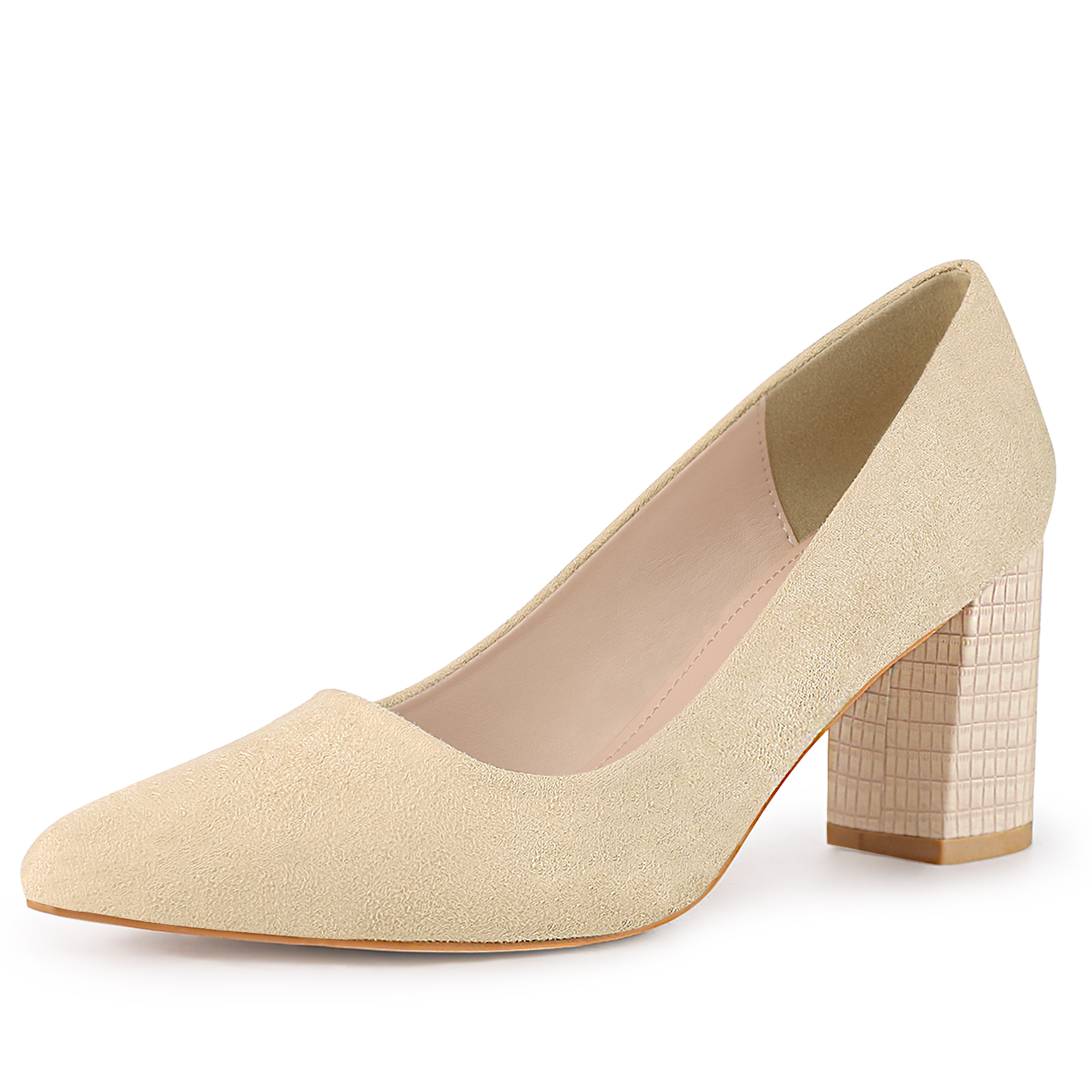 Pointy Toe Slip On Plaid Printing Chunky Heel Pumps Beige/9.5