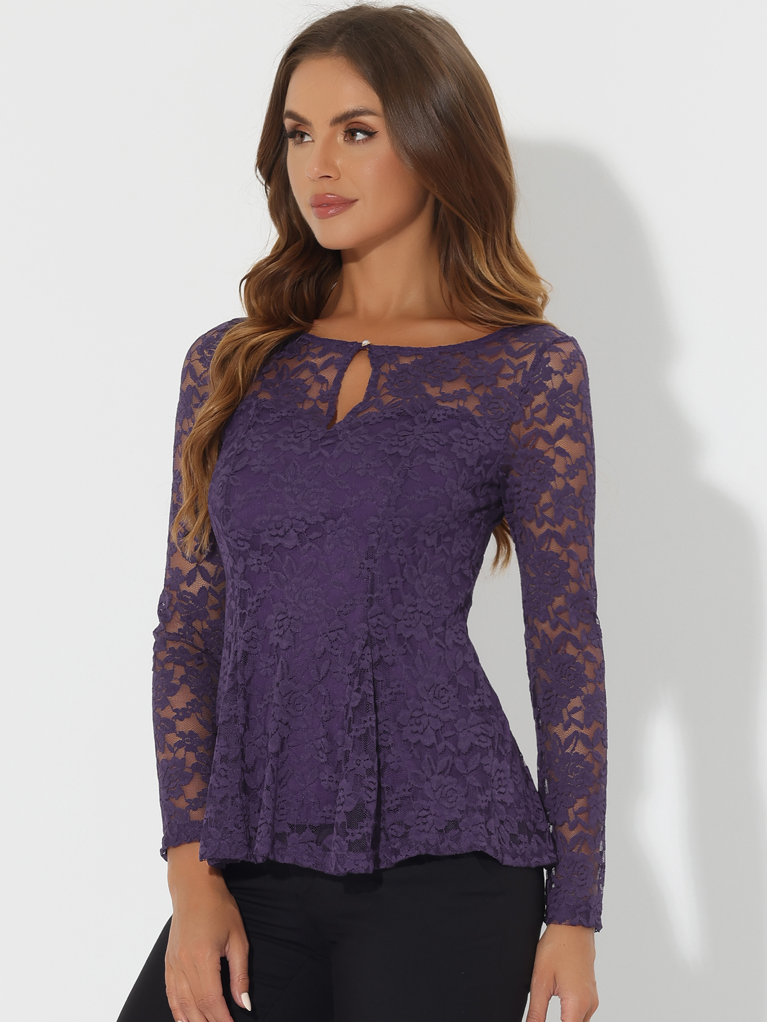 Lace Tops Keyhole Front Peplum Hem Sheer Long Sleeve Blouse Purple/XL