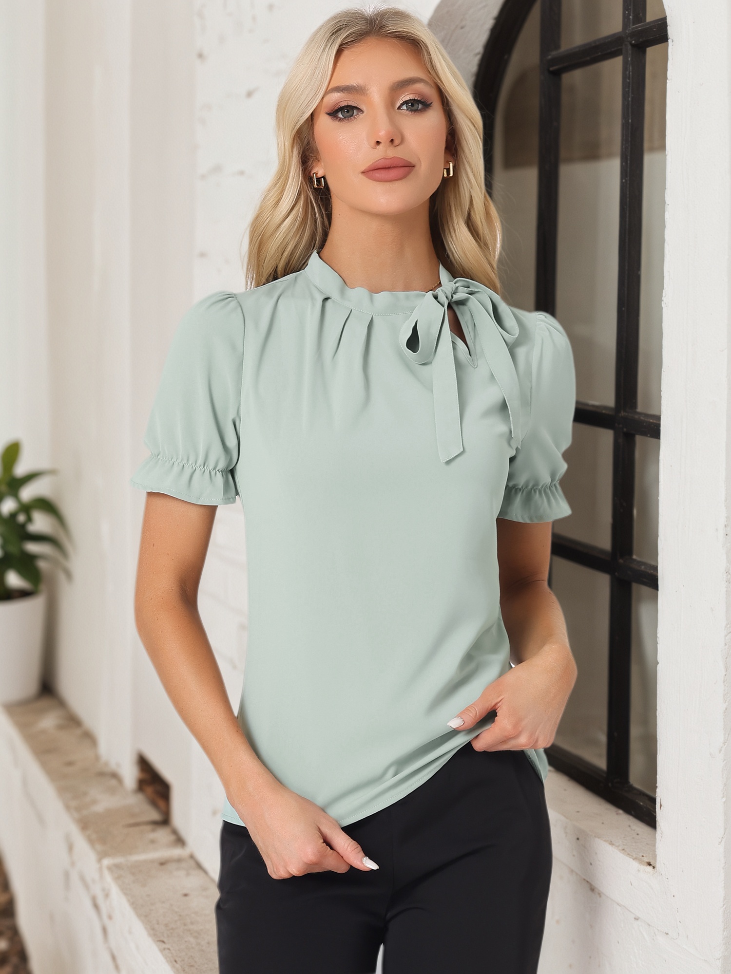 Bow Tie Neck Tops Elegant Office Short Sleeve Blouse Light Green/XL
