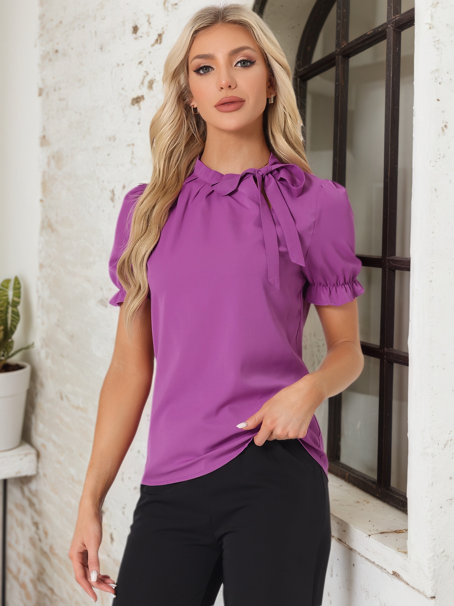 Bow Tie Neck Elegant Office Short Sleeve Blouse Magenta/XL
