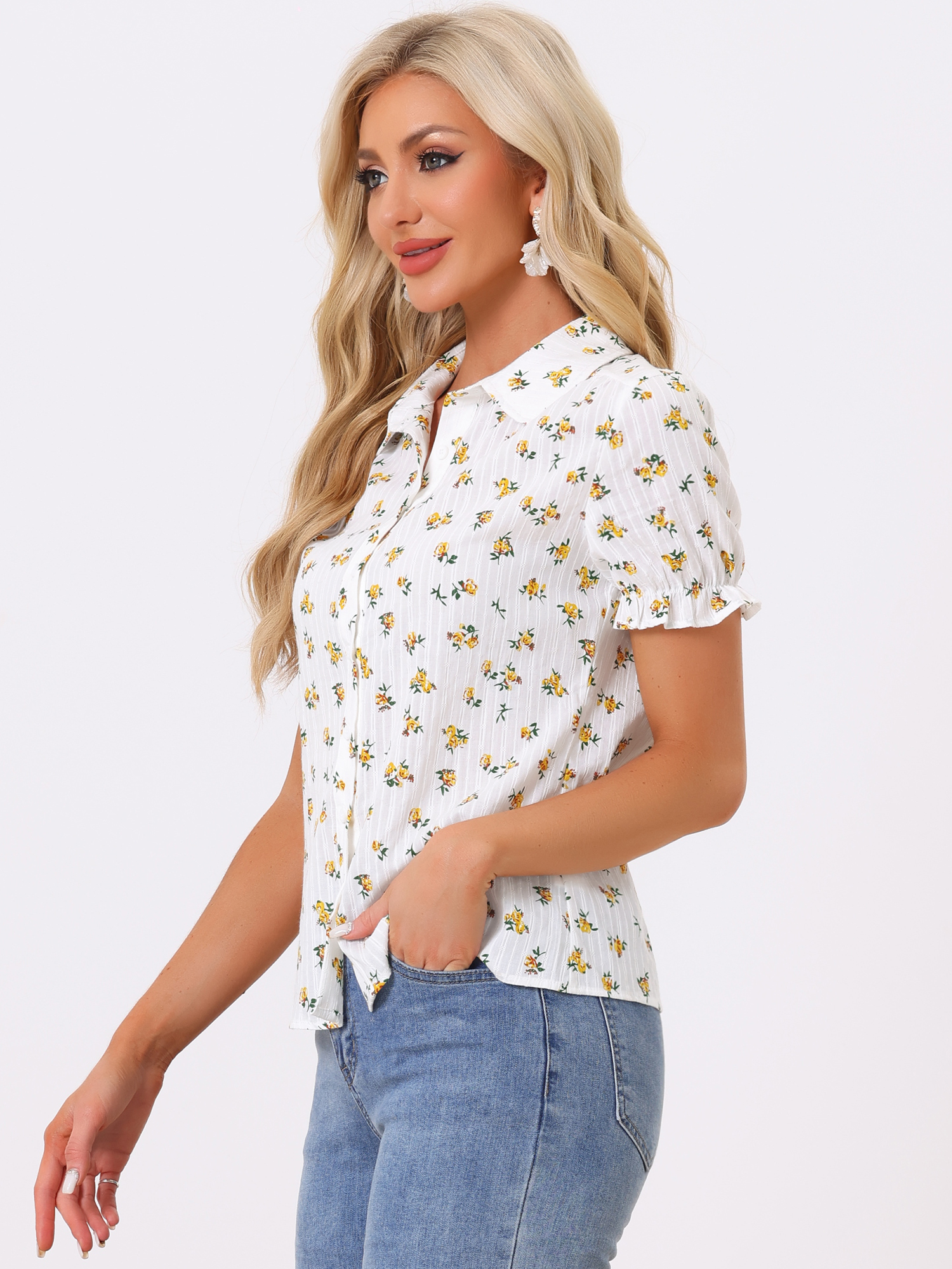 Floral Printed Peter Pan Collar Cotton Short Sleeve Shirt Yellow/S