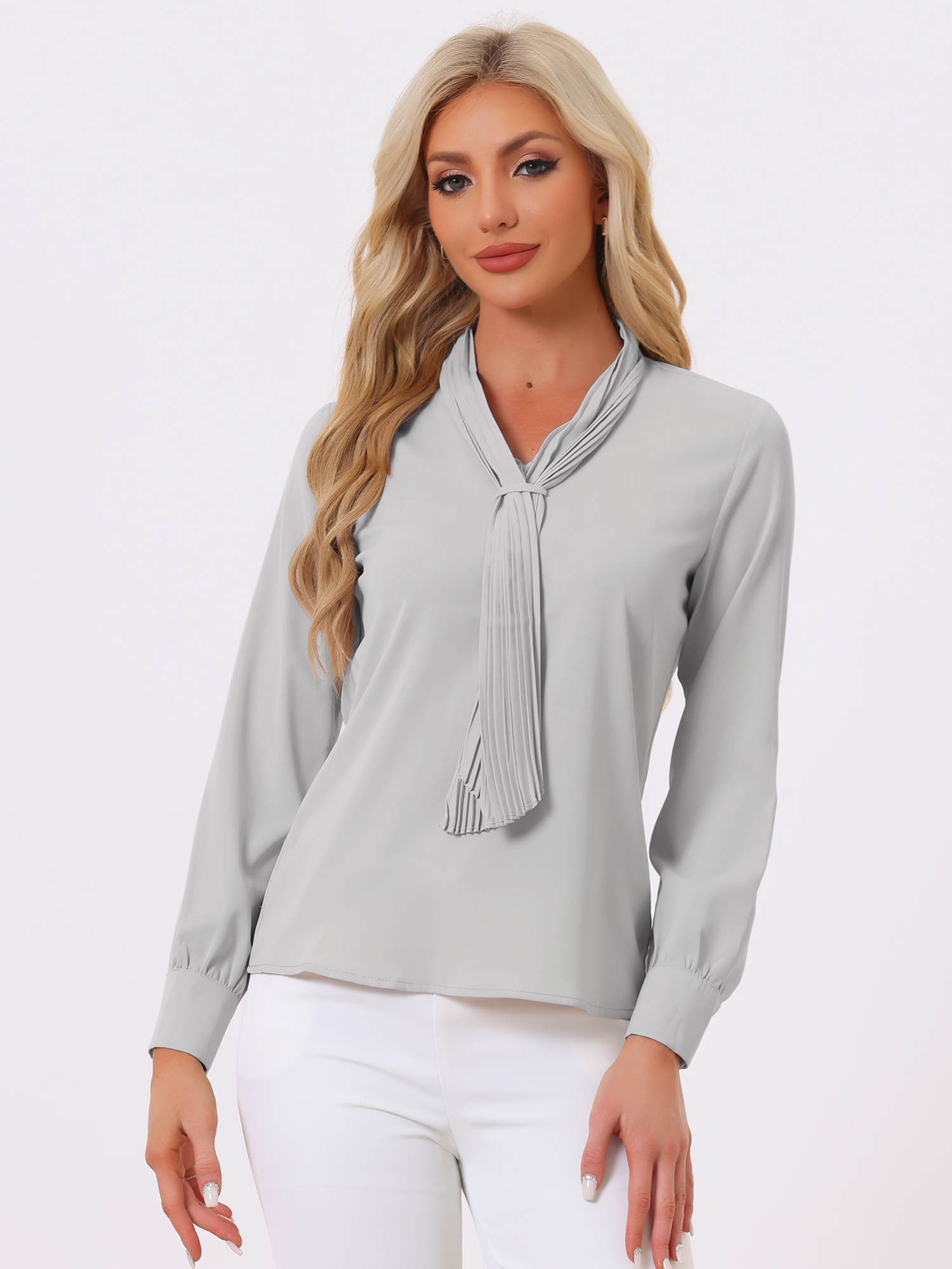 Long Sleeve Chiffon Pleated Tie Neck Office Blouse Light Gray/L