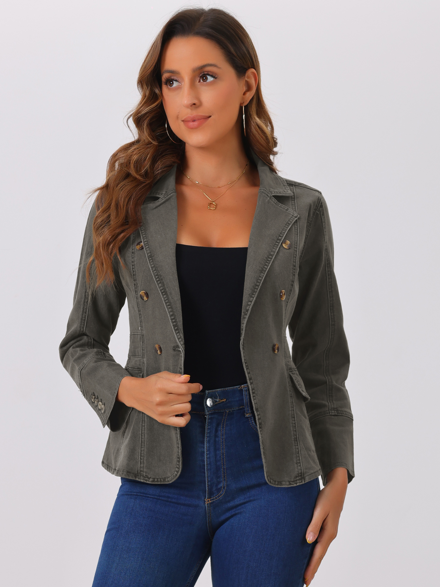 Notched Lapel Long Sleeve Pockets Denim Blazer Jean Jacket Dark Grey/S