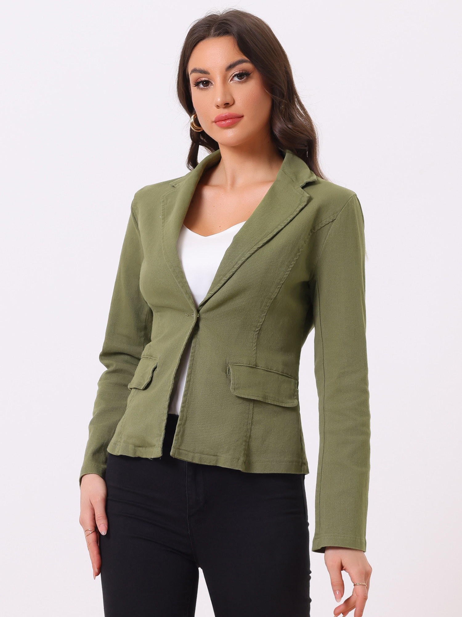 Notched Lapel One Button Long Sleeve Business Washed Denim Blazer Army Green/XS