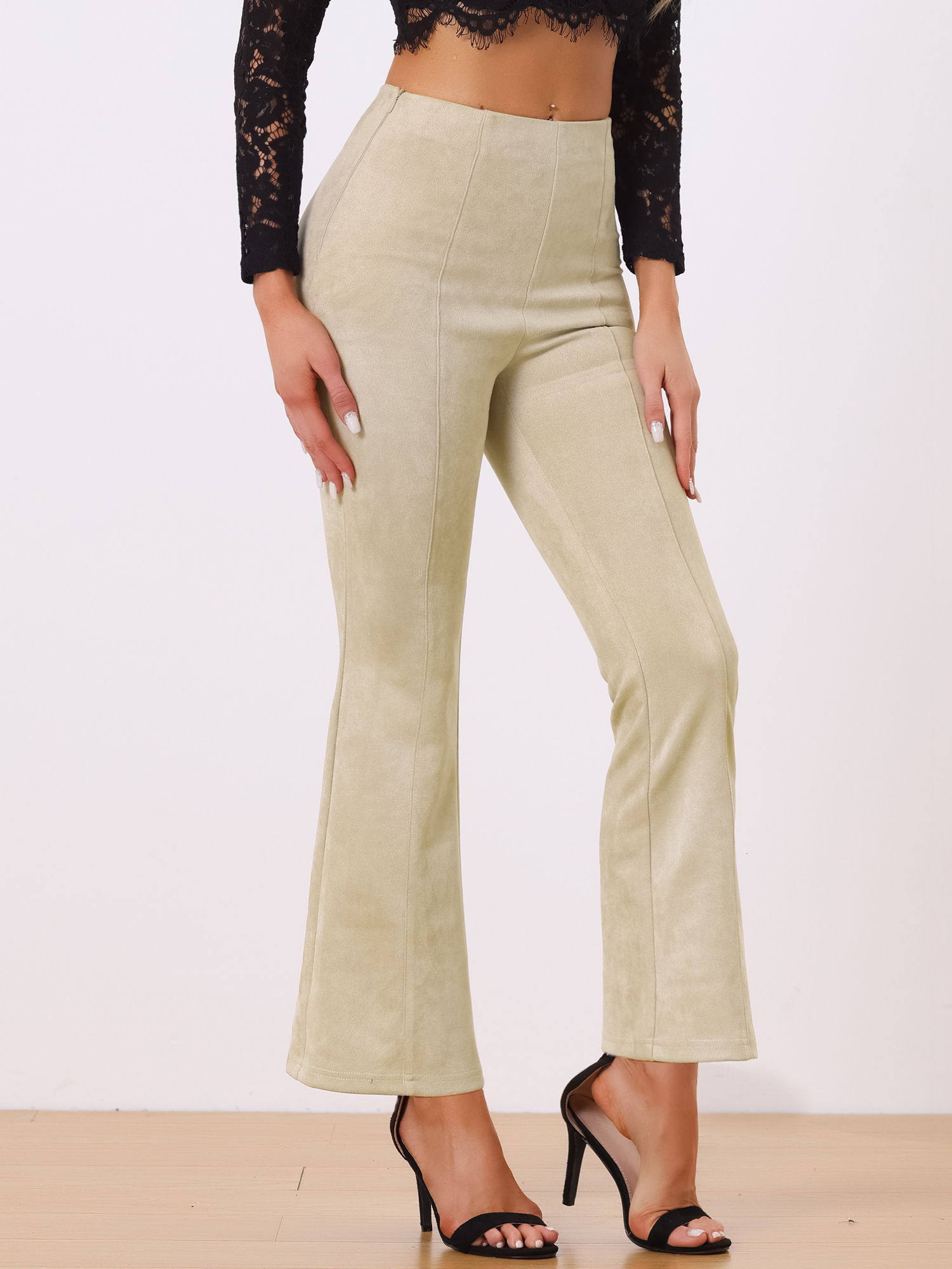Faux Suede Wide Leg Casual Business Flared Bell Pants Beige/M
