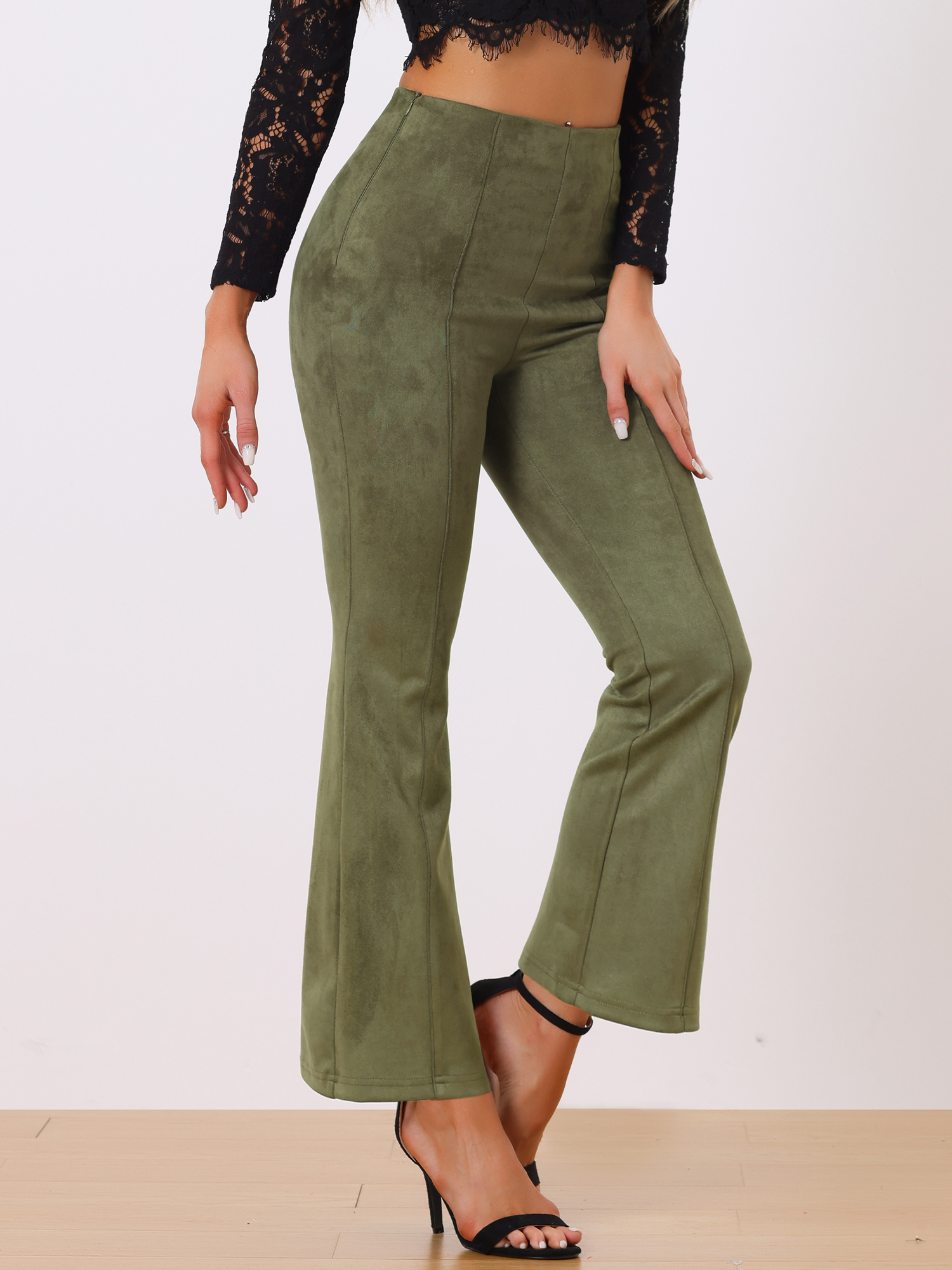 Faux Suede Wide Leg Casual Business Flared Bell Pants Army Green/XS