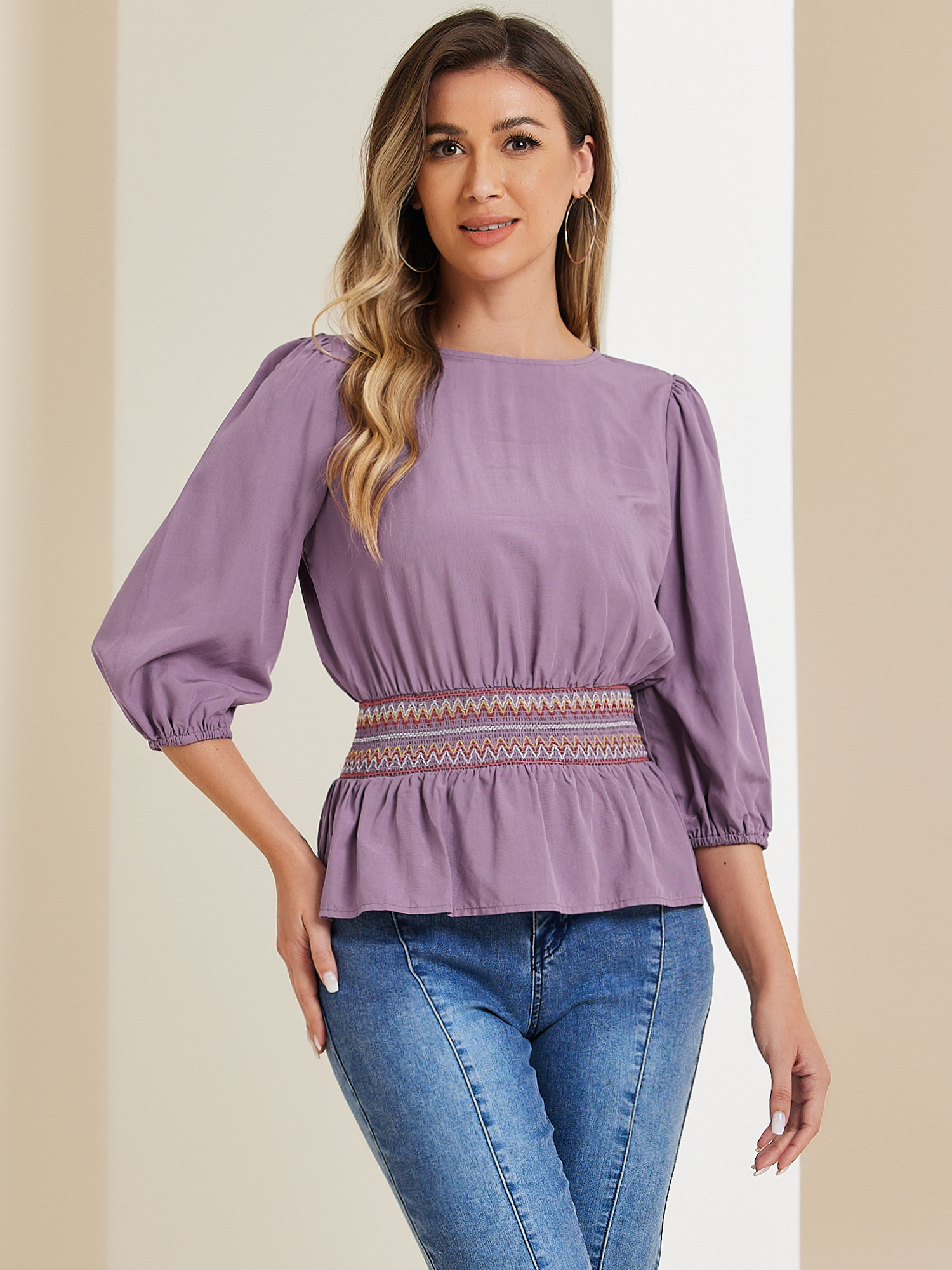Peplum Top 3/4 Sleeve Smocked Waist Blouse Dusty Purple/L