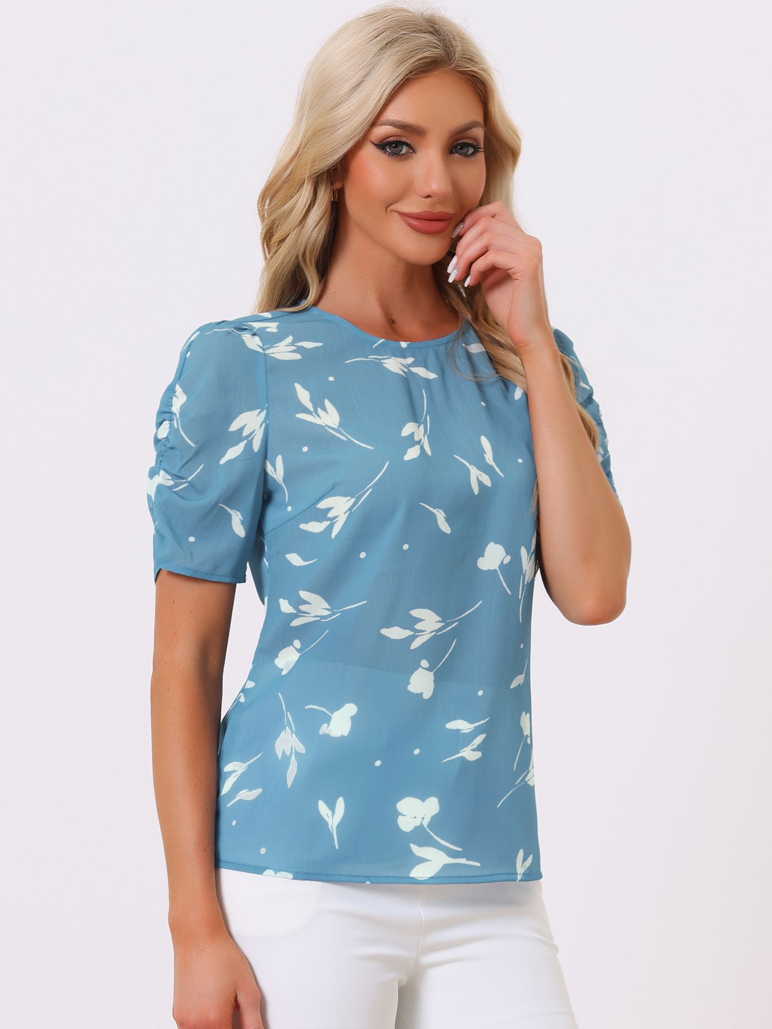 Floral Crew Neck Ruched Sleeve Casual Blouse Blue Floral/L