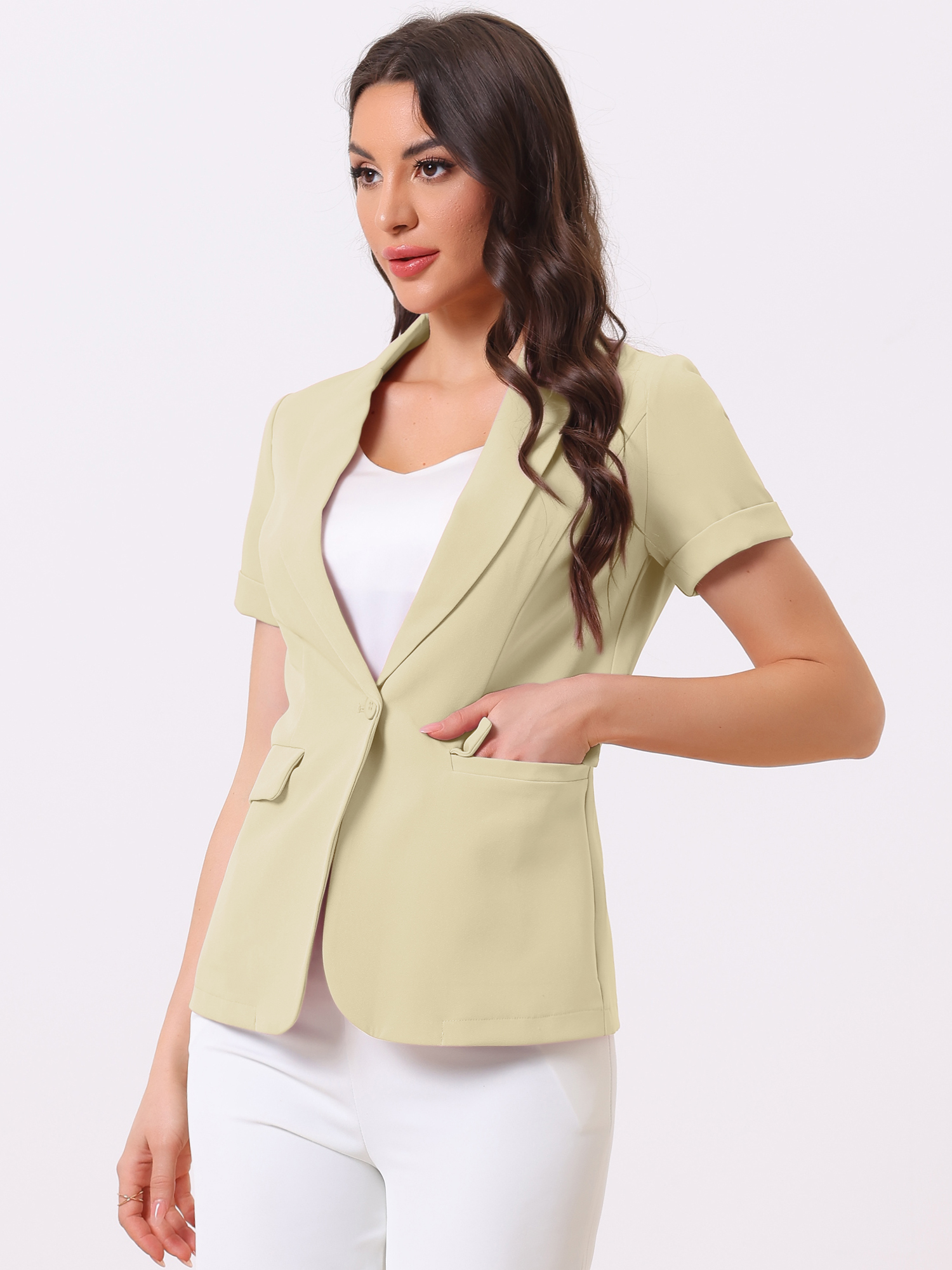 1 Button Office Business Short Sleeve Blazer Jacket Light Khaki/S