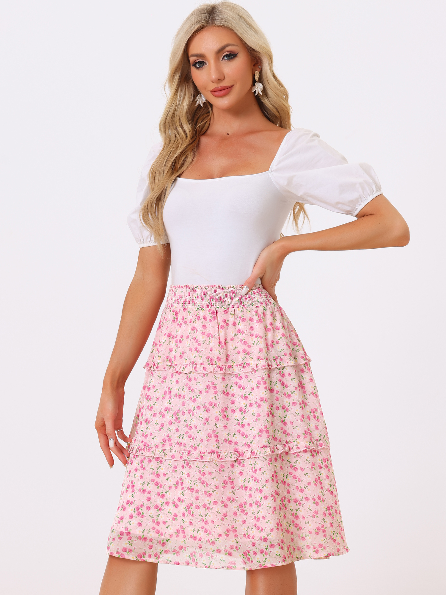 Floral Smocked Elastic Waist Knee Length Ruffle Tiered Skirt Pinks/XS