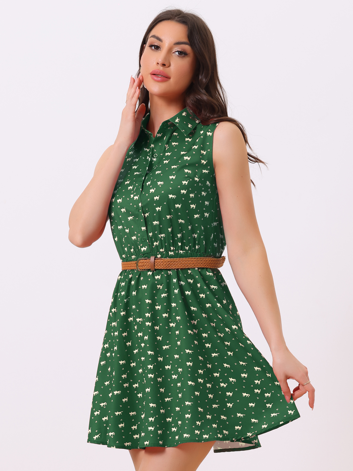Sleeveless Printed Half Placket Above Knee Belted Dress Green-cat Print/L