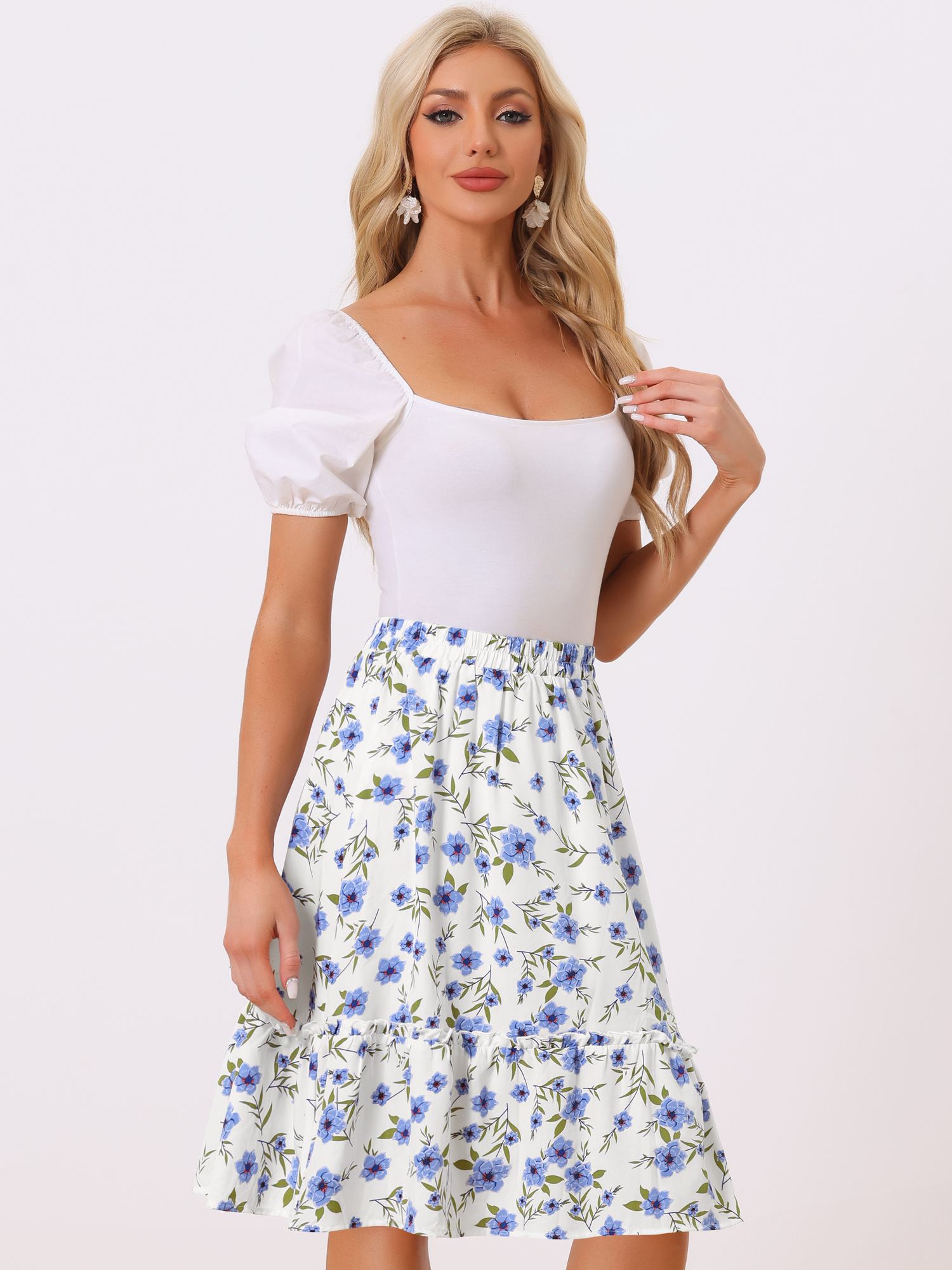 Ruffle Hem Elastic Waist Flowy A-Line Swing Floral Midi Skirt Light Blue/XS