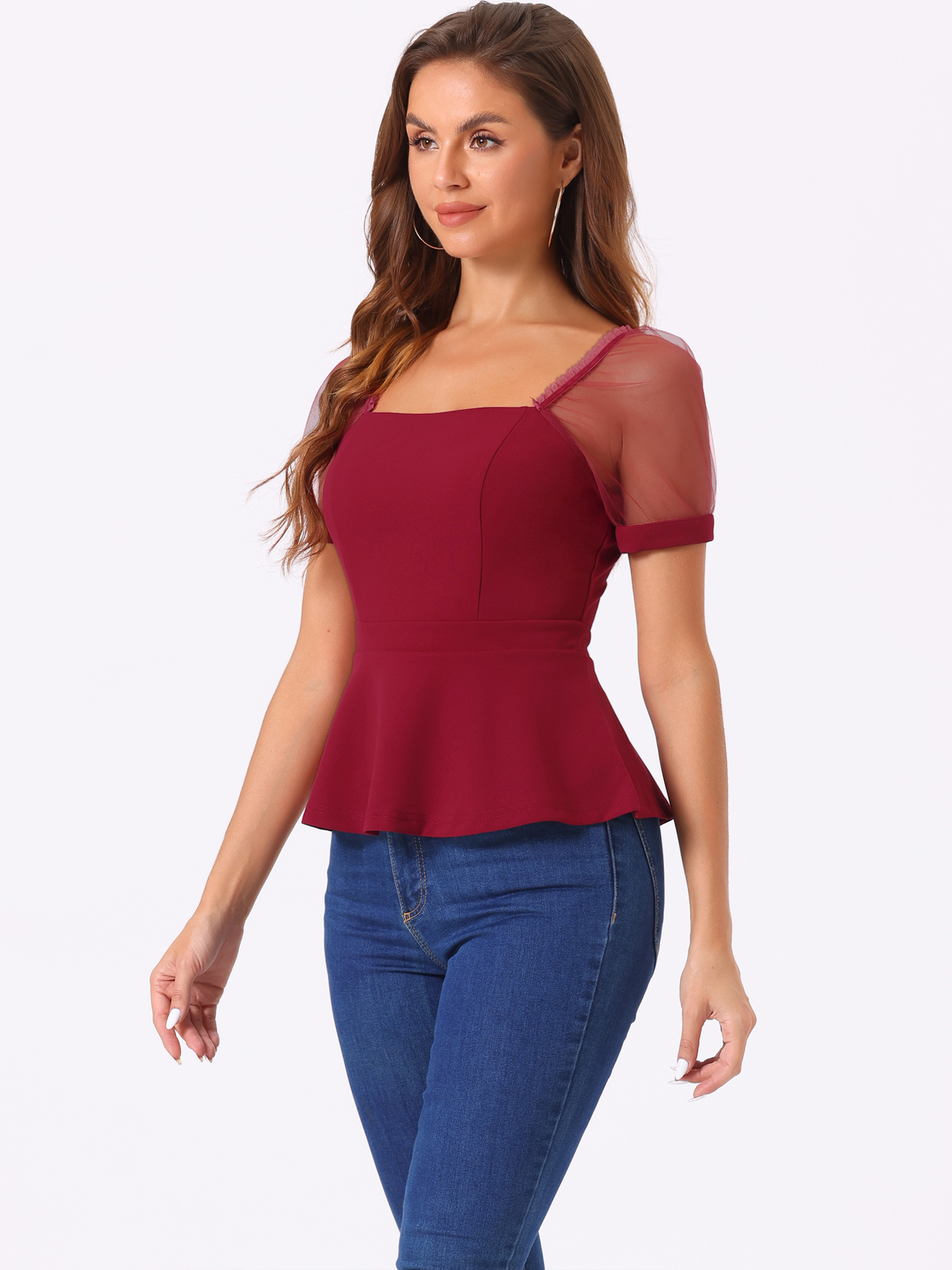 Square Neck Mesh Sheer Sleeve Peplum Tops Dark Red/M