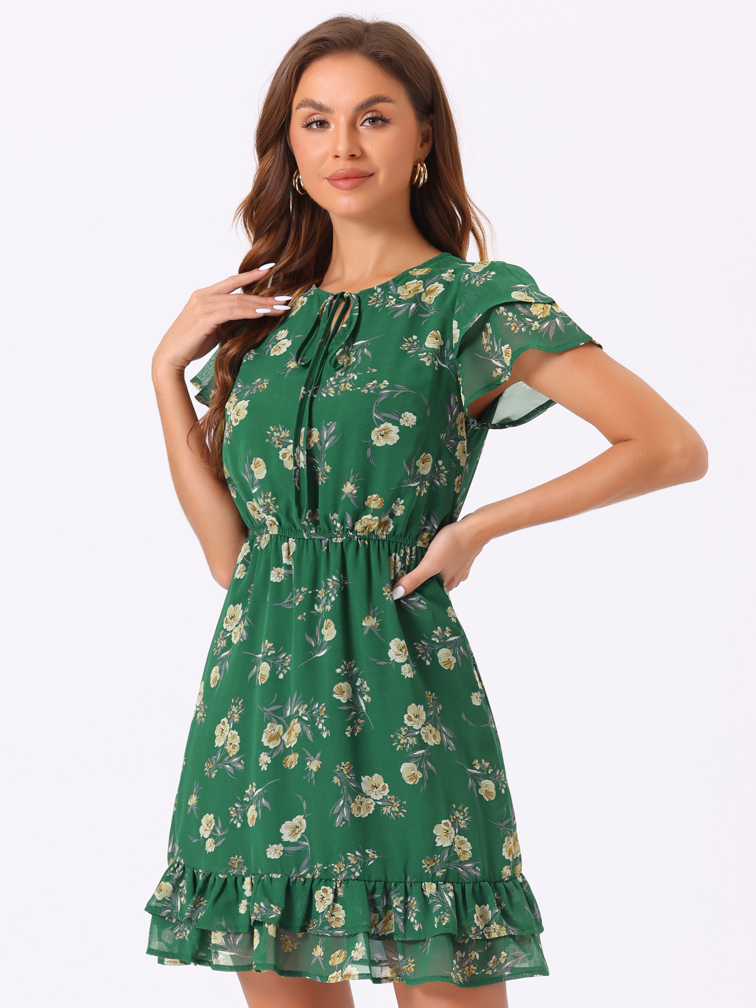 Ruffle Sleeve V Neck Above Knee A-Line Floral Chiffon Dress Dark Green/XS
