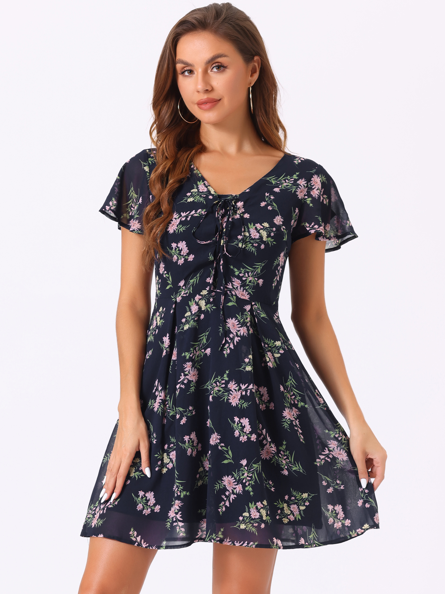 Floral Printed Flare Short Sleeve Lace-up V Neck Chiffon Dress Deep Blue/L