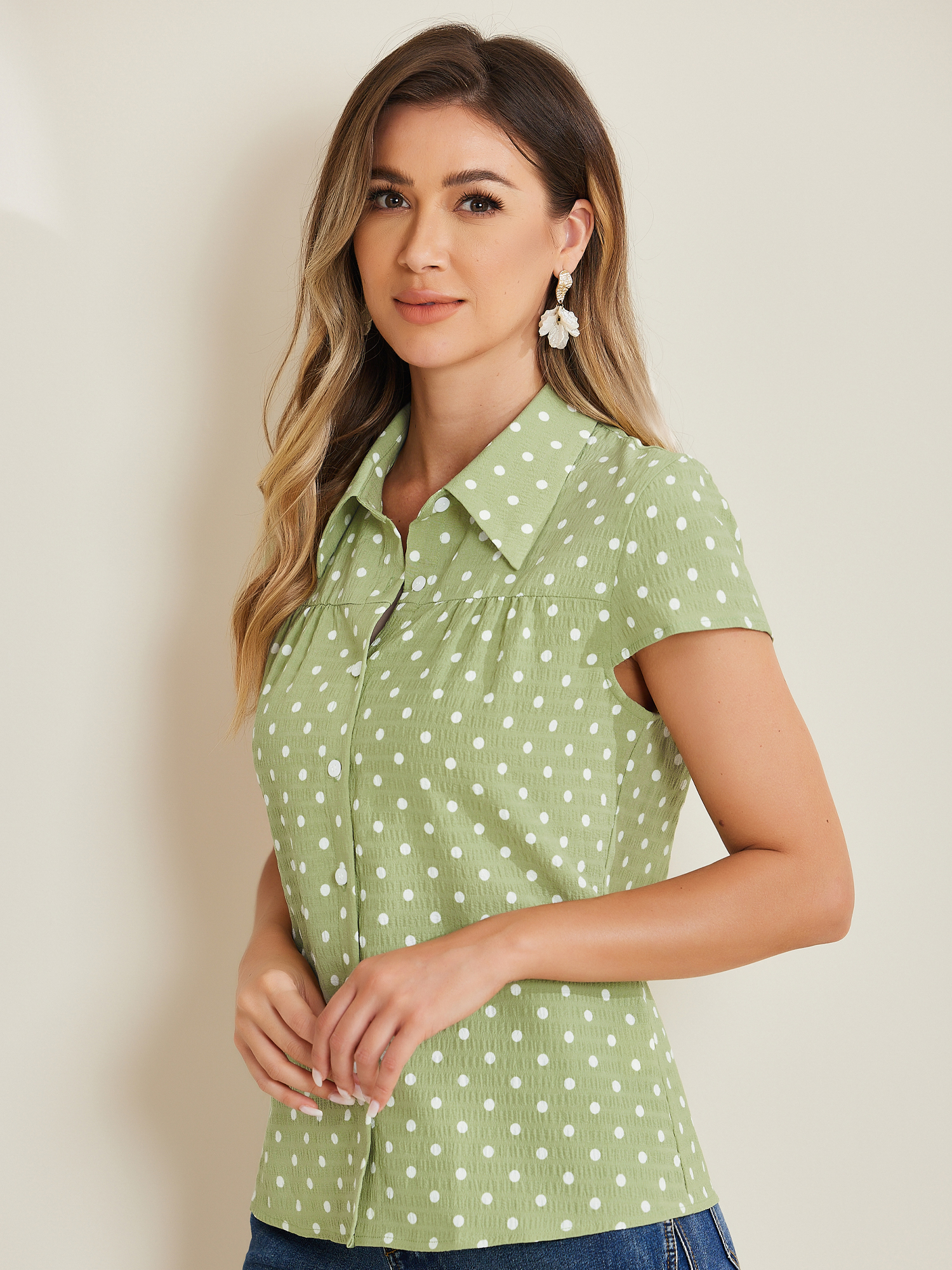 Short Sleeve Tops Vintage Polka Dots Button Up Shirt Green/XS