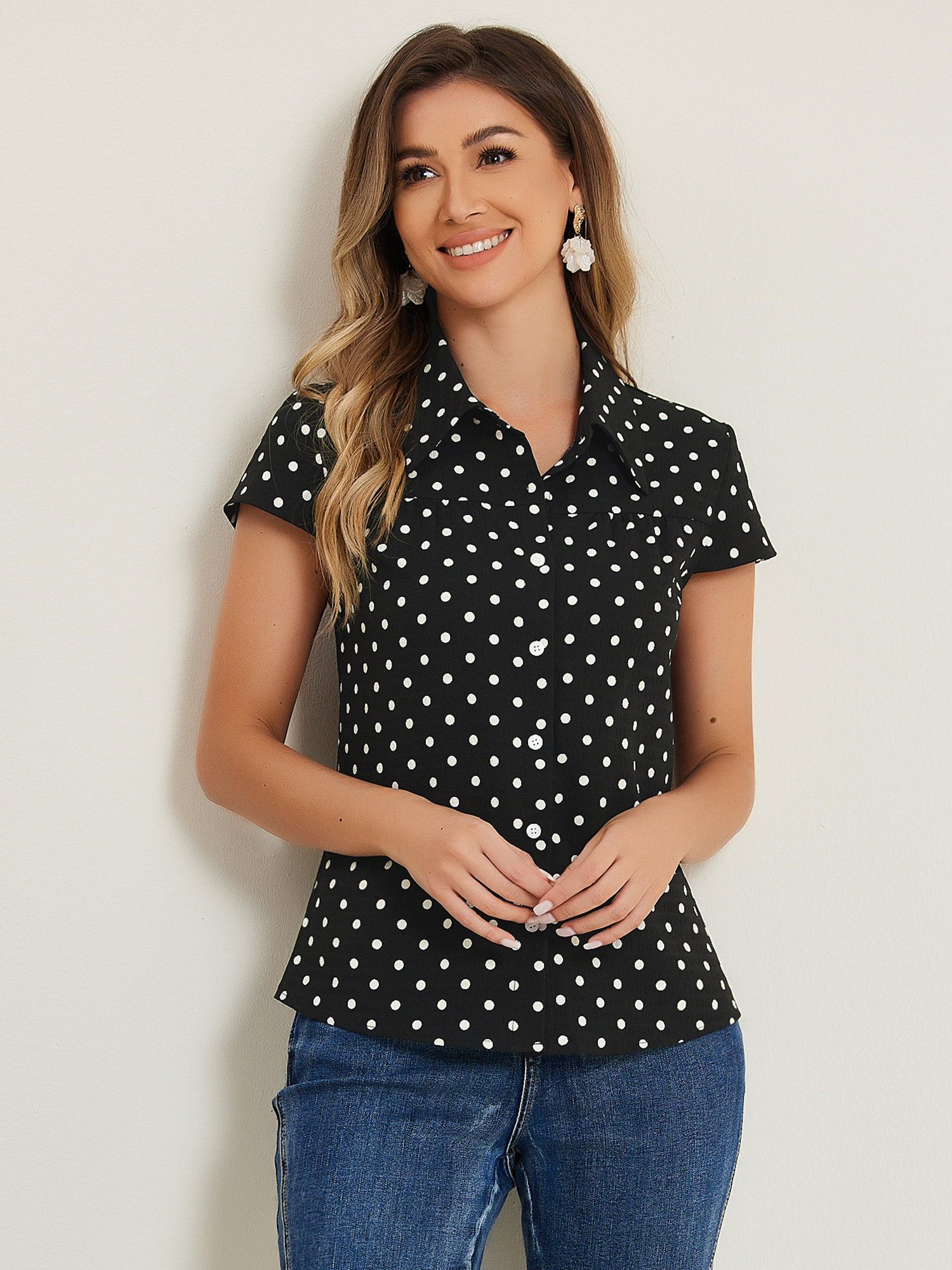 Short Sleeve Tops Vintage Polka Dots Button Up Shirt Black/M