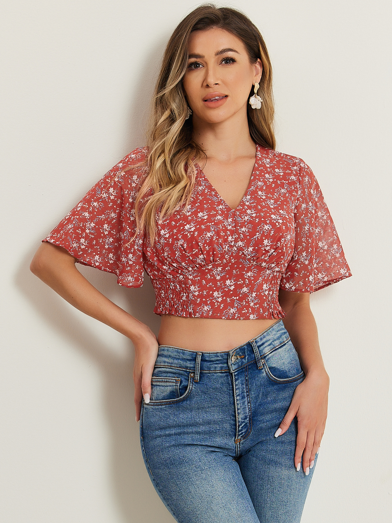 Floral Flare Short Sleeve V Neck Summer Smocked Crop Top Burgundy/XS