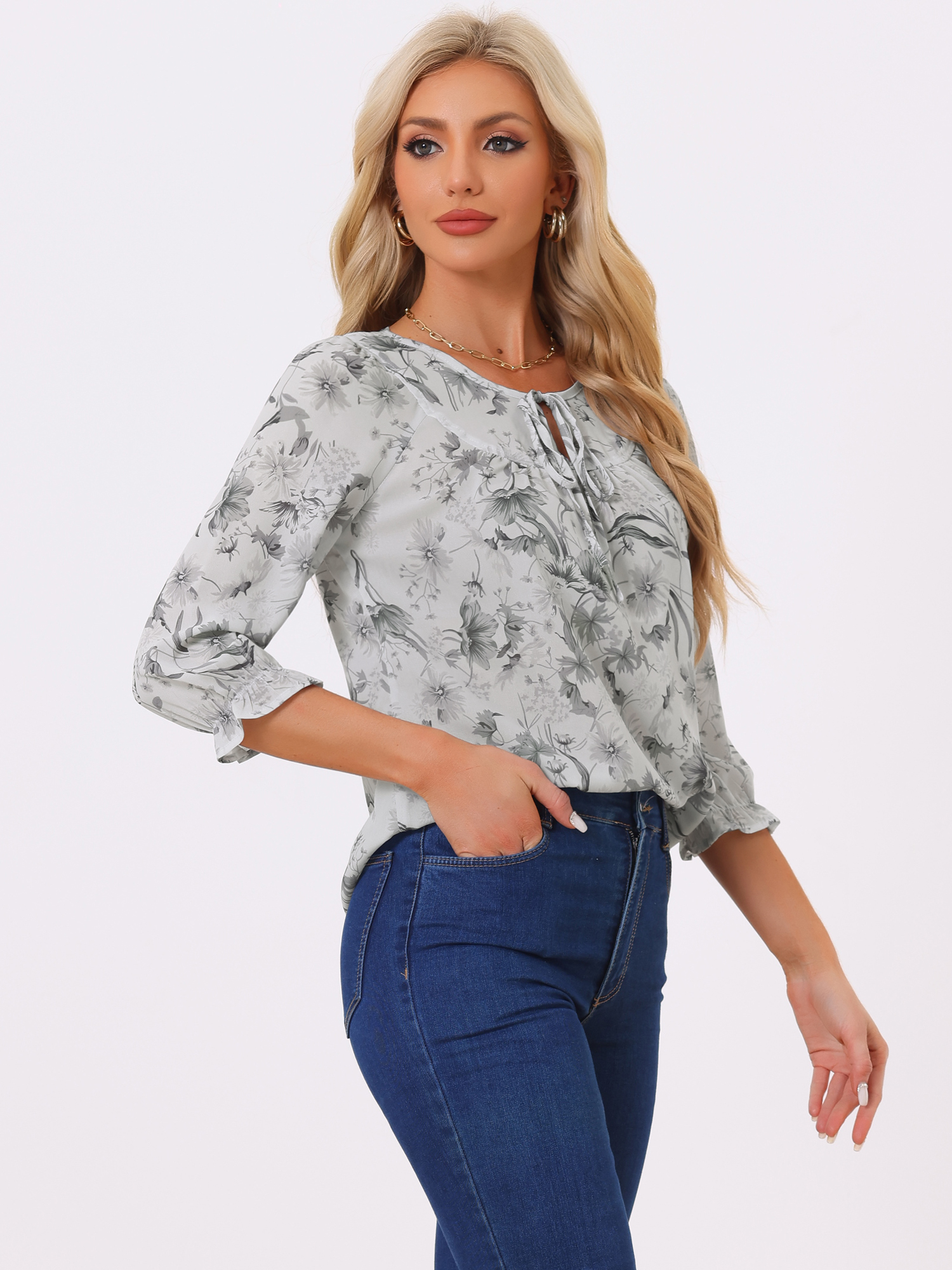 Floral Tops Bow Tie Neck Vintage 3/4 Sleeve Blouse Grey/L