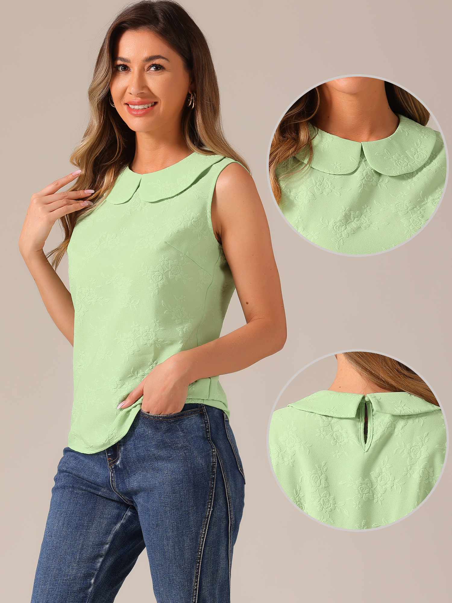 Peter Pan Collar Casual Sleeveless Jacquard Floral Tank Top Light Green/XL
