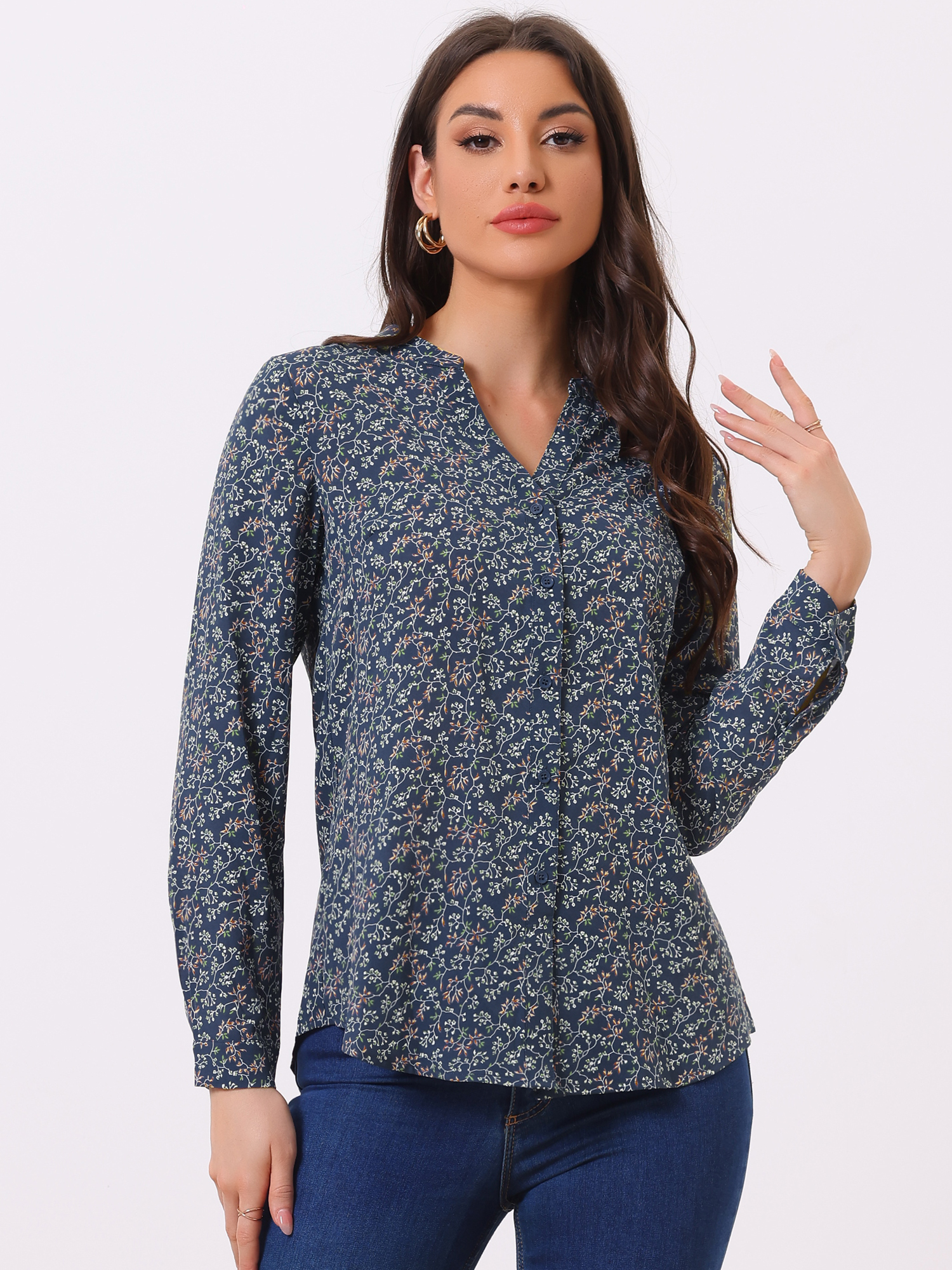Chiffon Floral Tops V Neck Long Sleeve Button-Up Blouse Shirt Dark Grey Blue/M