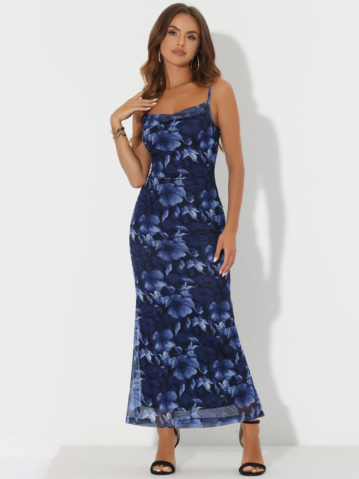 Spaghetti Strap Mesh Floral Sleeveless Bodycon Cocktail Maxi Dress Sundress Black Blue/M