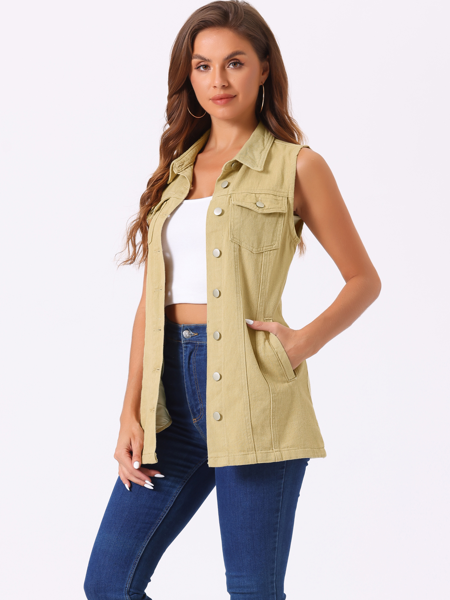 Casual Button Down Waistcoat Sleeveless Mid Long Denim Vest Khaki/XL