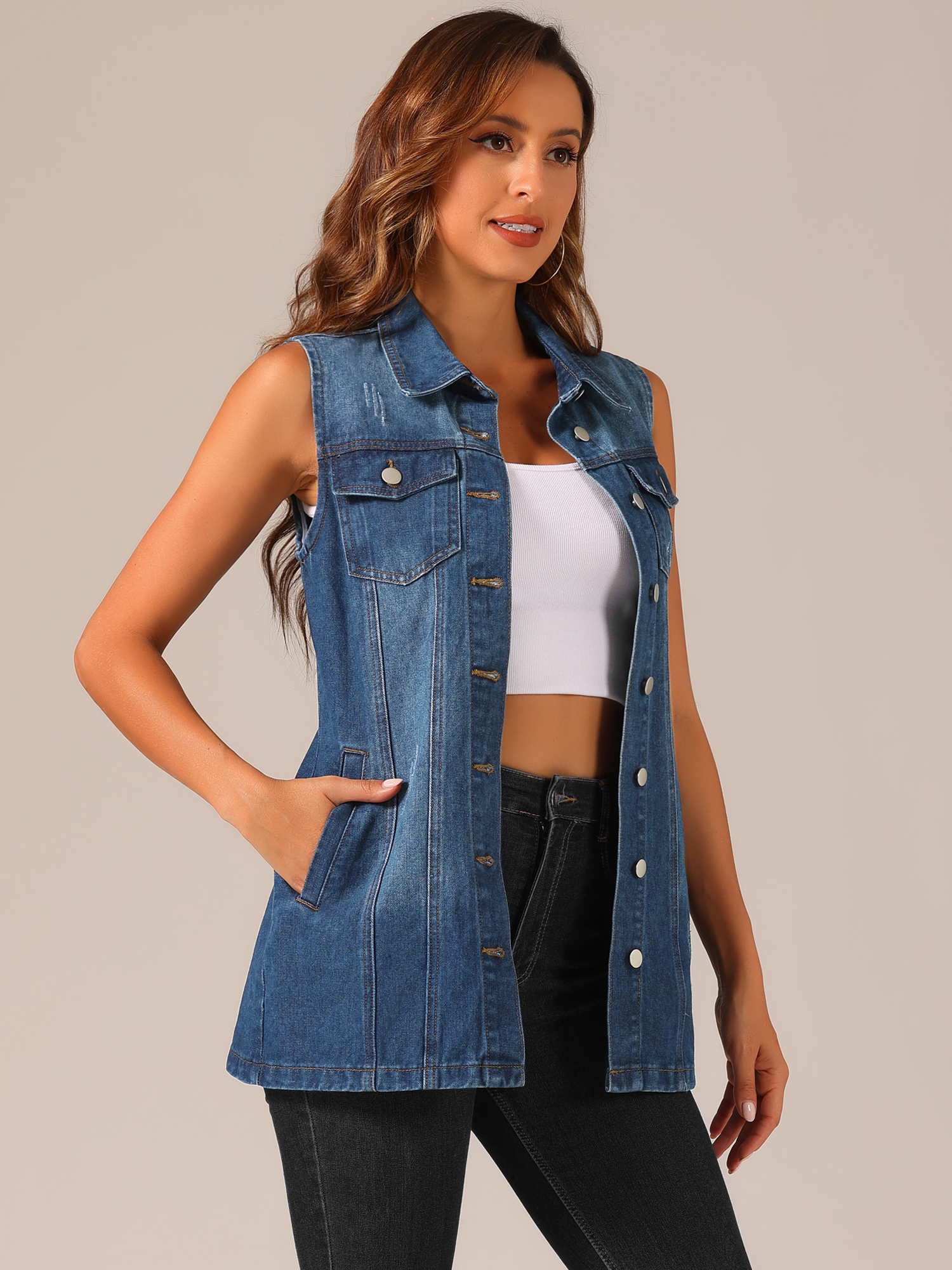 Casual Button Down Waistcoat Sleeveless Mid Long Denim Vest Dark Blue/M