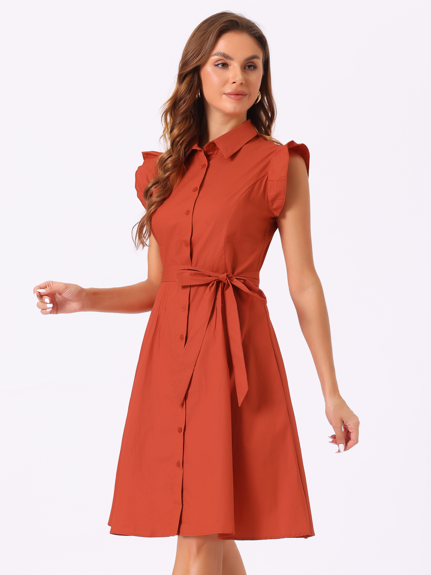 Office Ruffled Sleeve Belted Cotton Button Midi Shirt Dress Burnt Orange/L