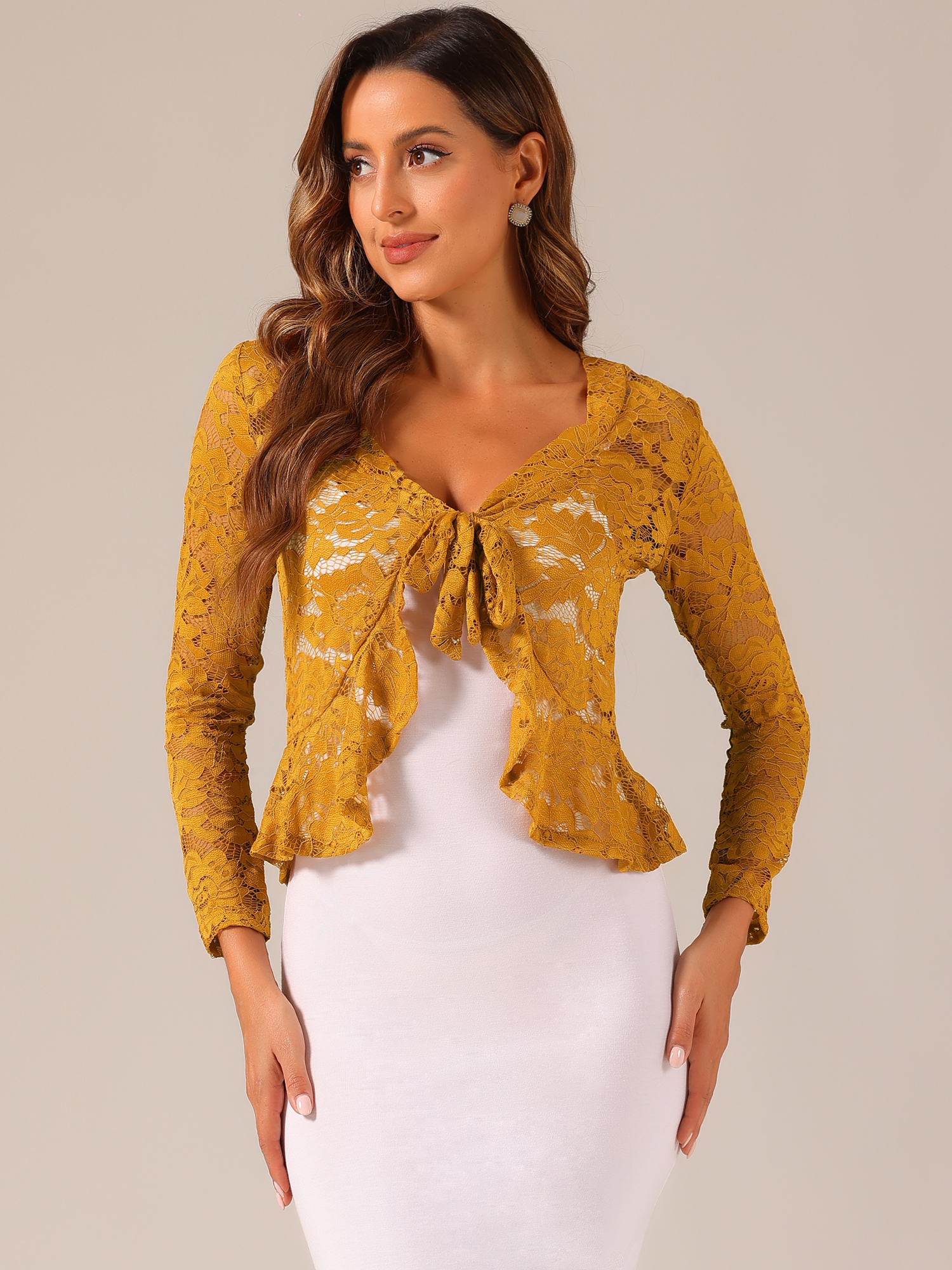 Floral Lace Shrug Tie Front Ruffled Hem Sheer Crop Bolero Yellow/M