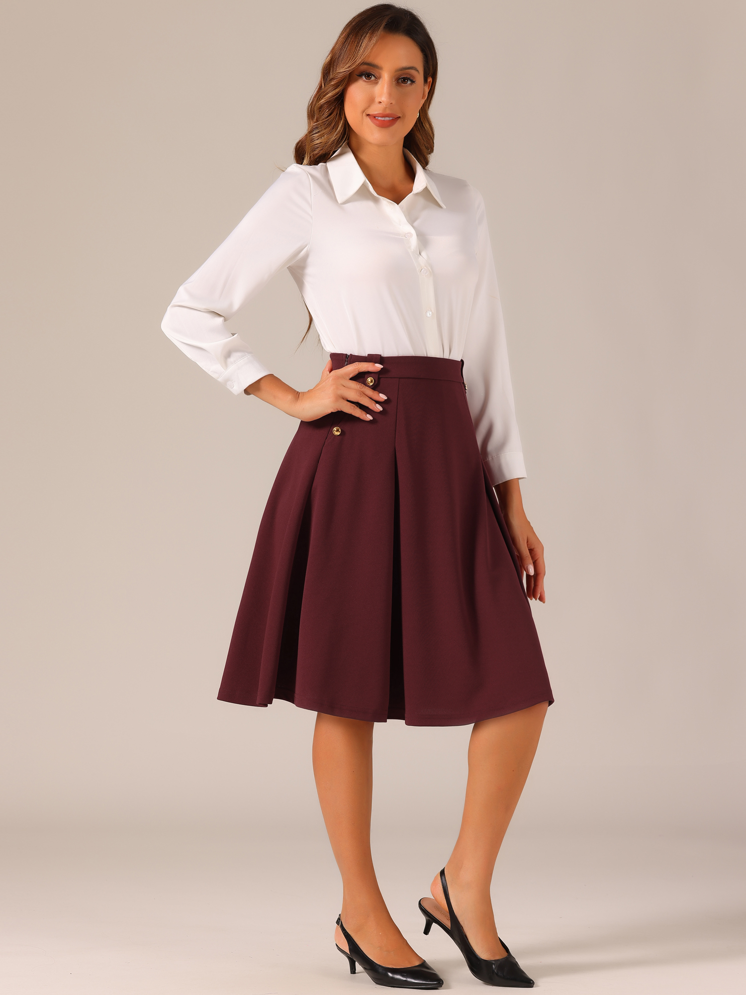 Women's High Waist Button Decor Vintage Pleated Flared Midi Skirt Dark Red/XL