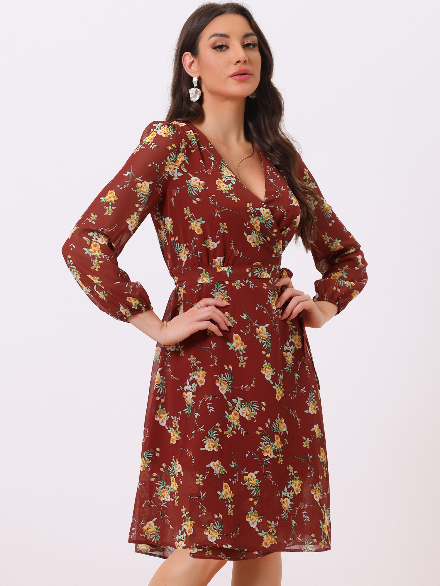 Chiffon Floral V Neck Tie Waist Bishop Sleeve Casual Wrap Midi Dress Burgundy/M