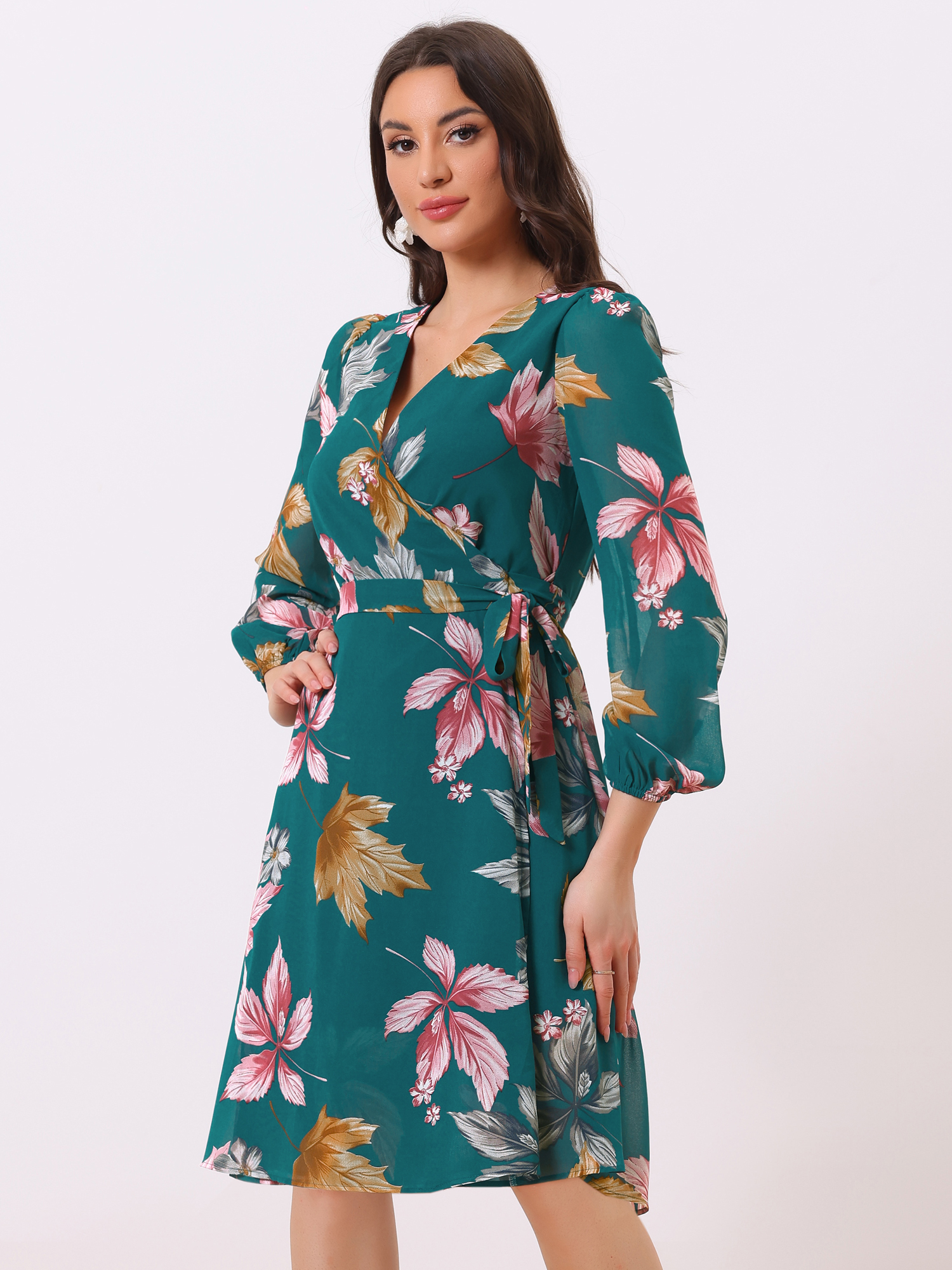 Chiffon Floral V Neck Tie Waist Bishop Sleeve Casual Wrap Midi Dress Dark Green/M